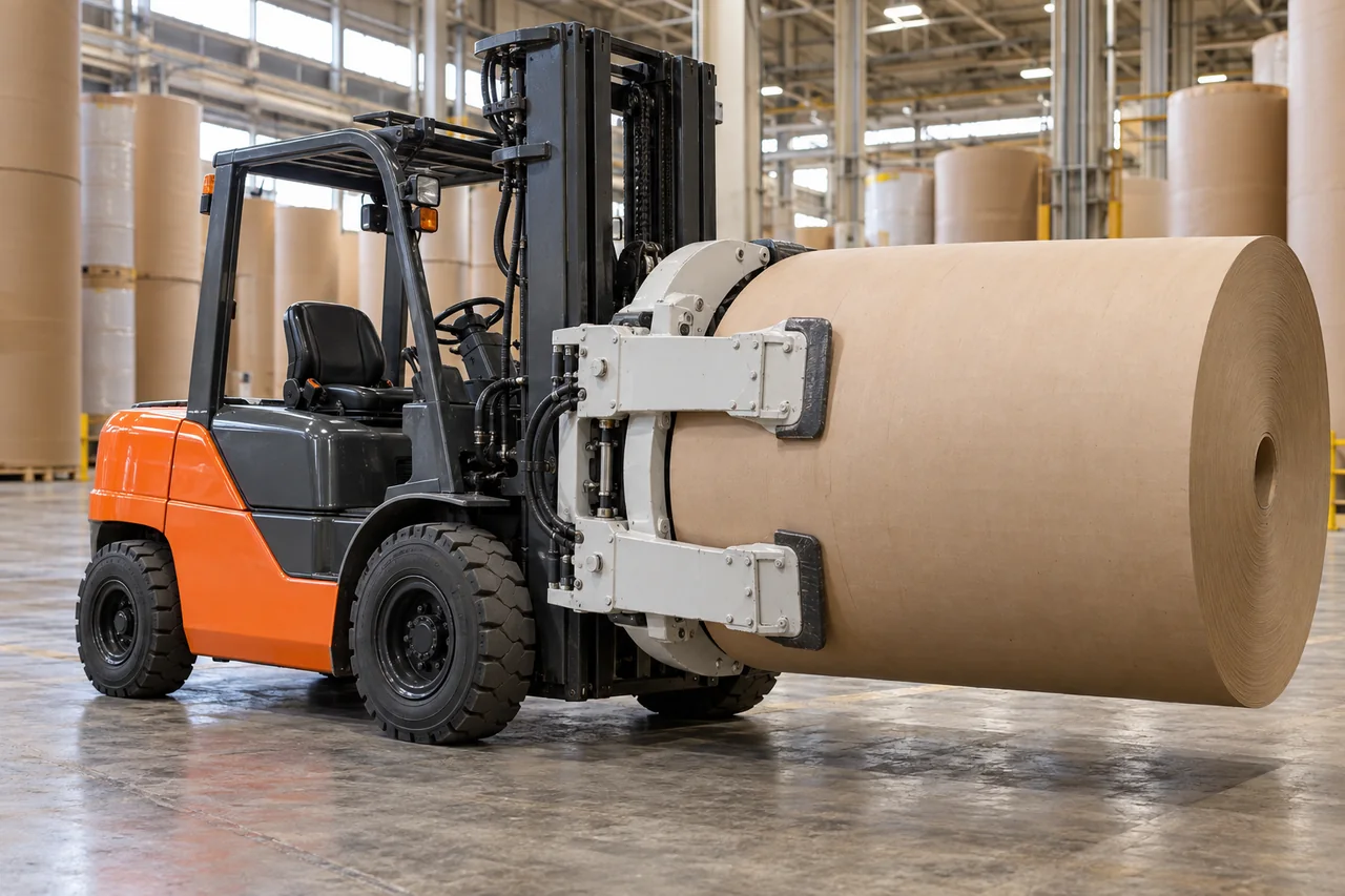 Generic attachment-equipped forklift shown in a representative work setting