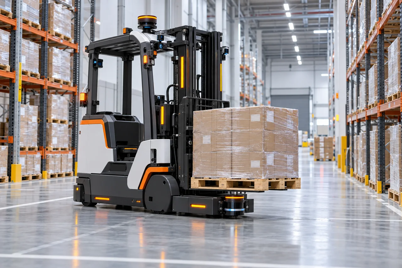Generic automated forklift and agv shown in a representative work setting