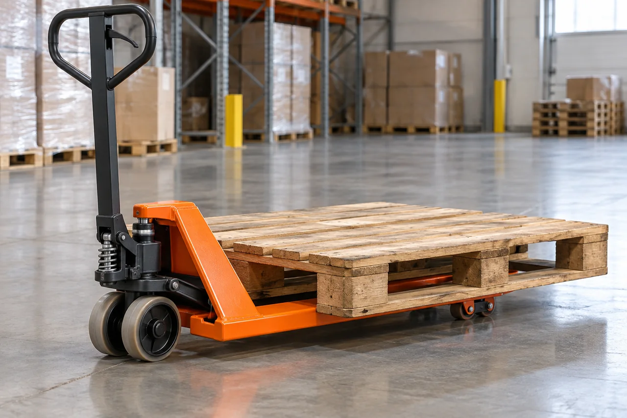Generic hand pallet truck shown in a representative work setting