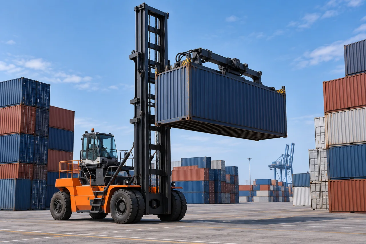 Generic masted container handler shown in a representative work setting