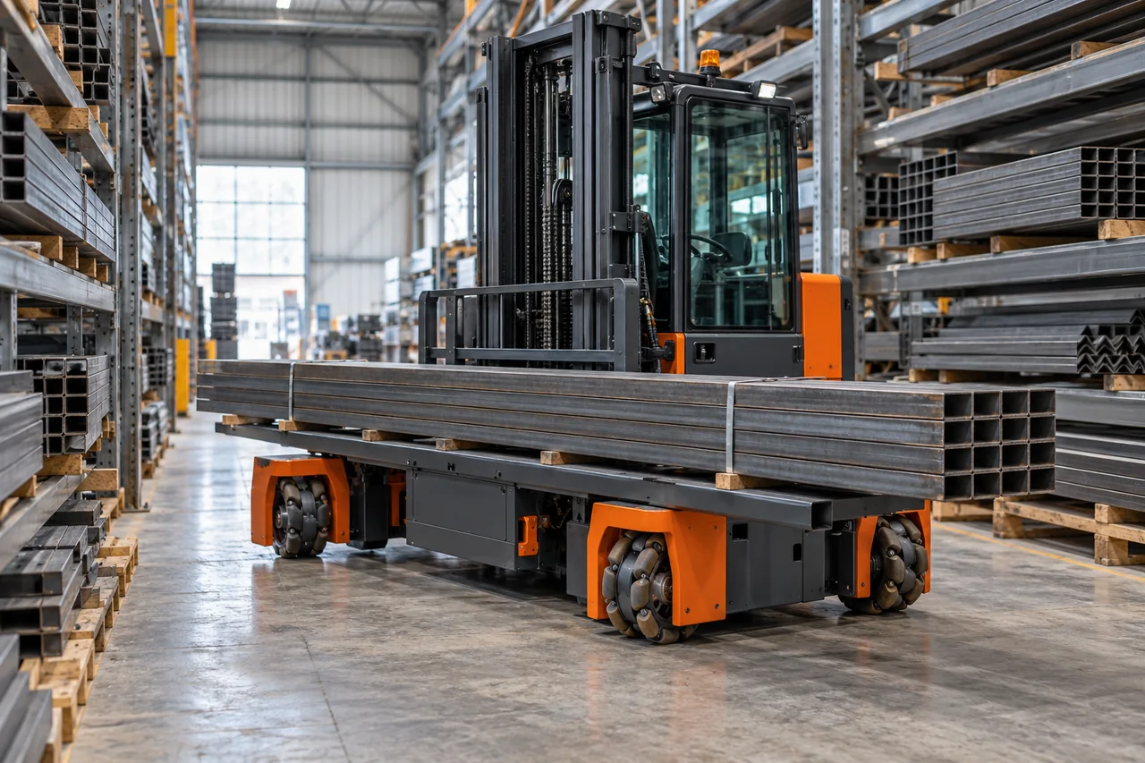 Generic multidirectional forklift shown in a representative work setting
