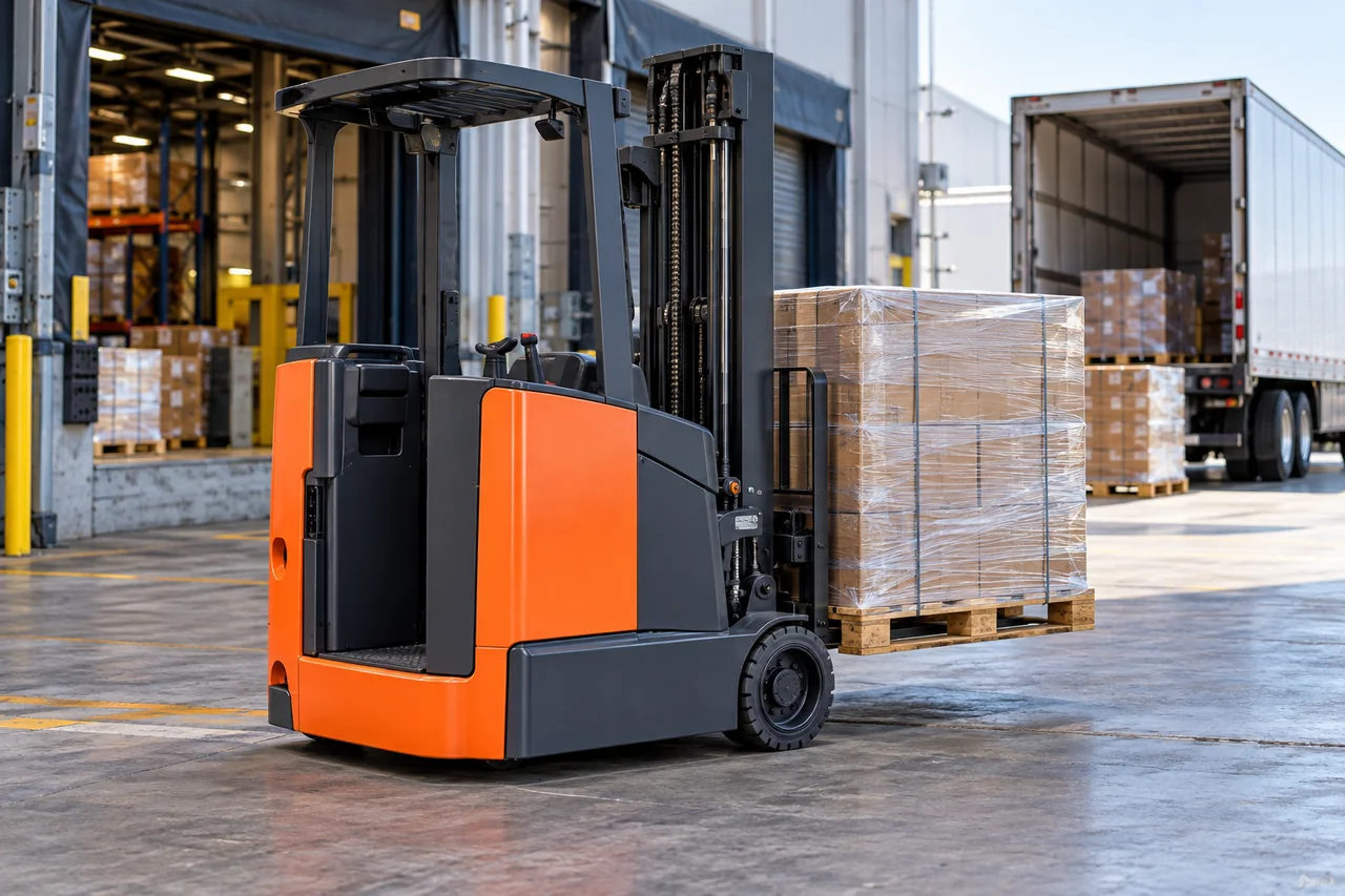 Generic stand-up counterbalance forklift shown in a representative work setting