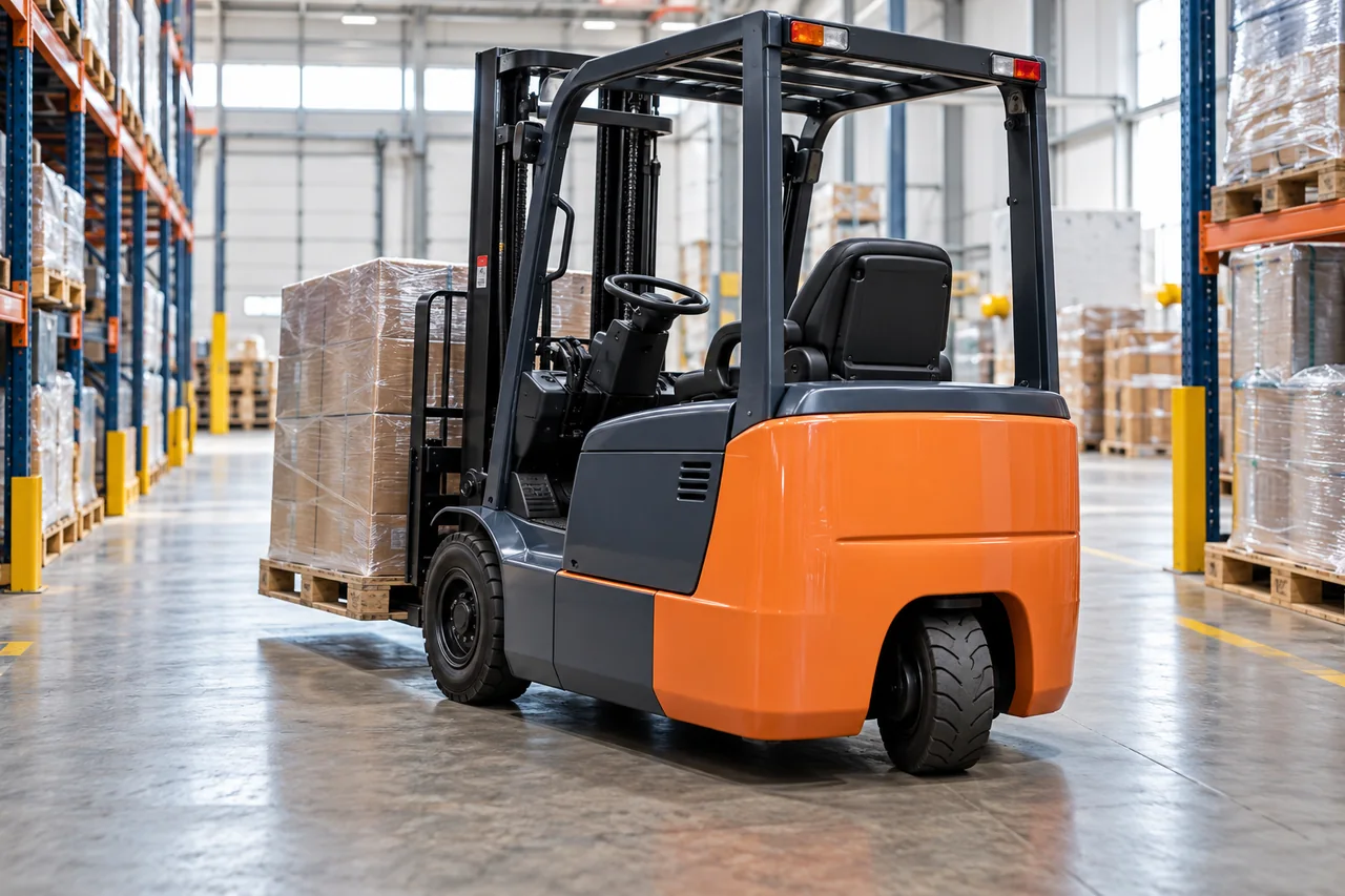 Generic three-wheel electric forklift shown in a representative work setting