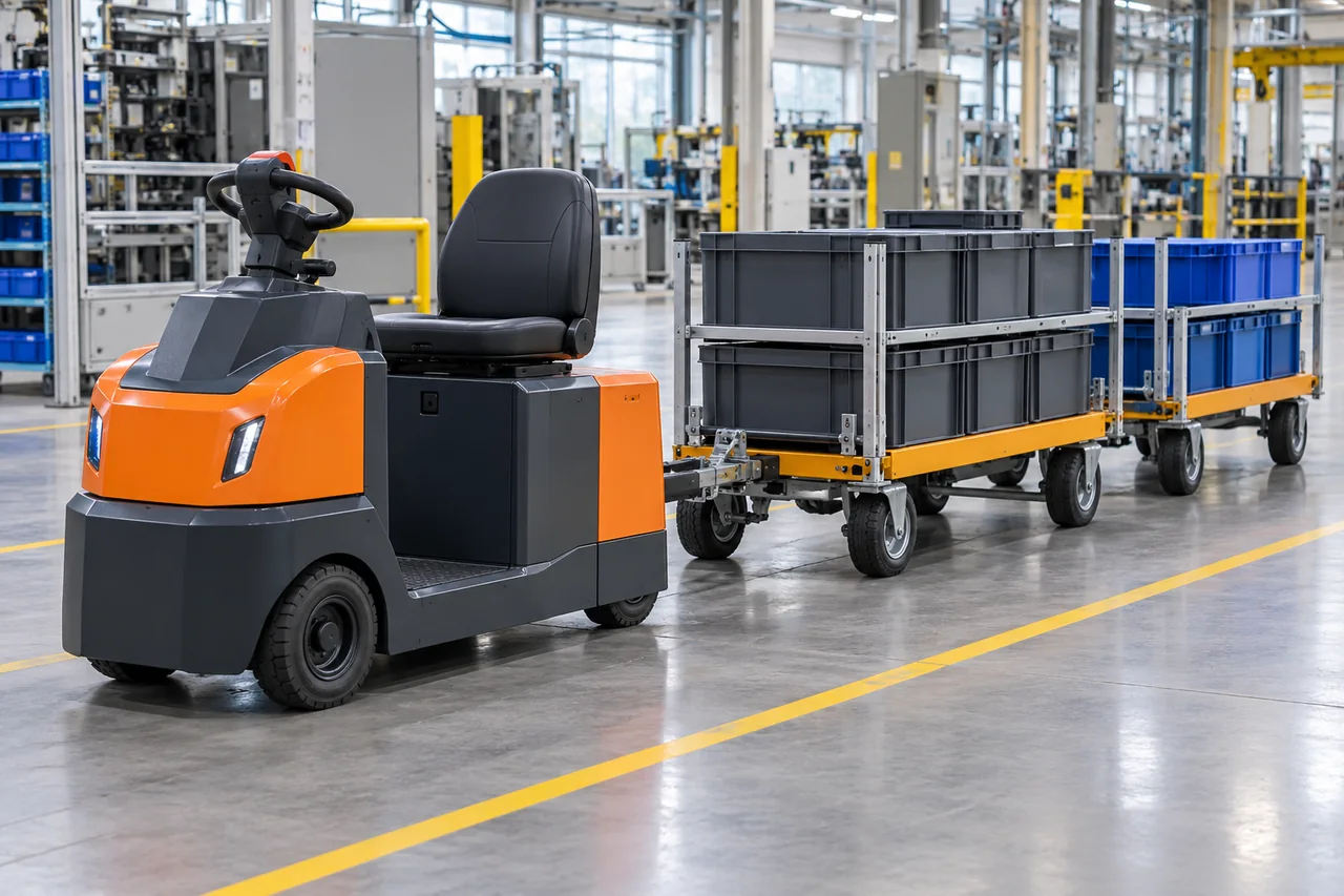 Generic tow tractor and tugger shown in a representative work setting