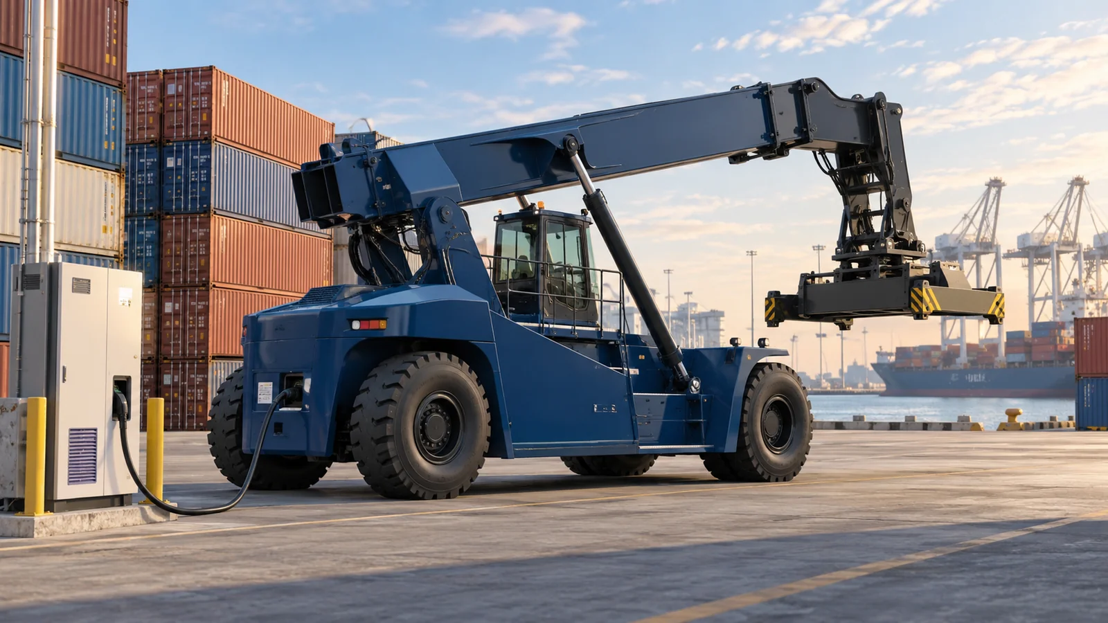 Editorial illustration of a generic electric container reach stacker parked beside a charging cabinet in a port yard