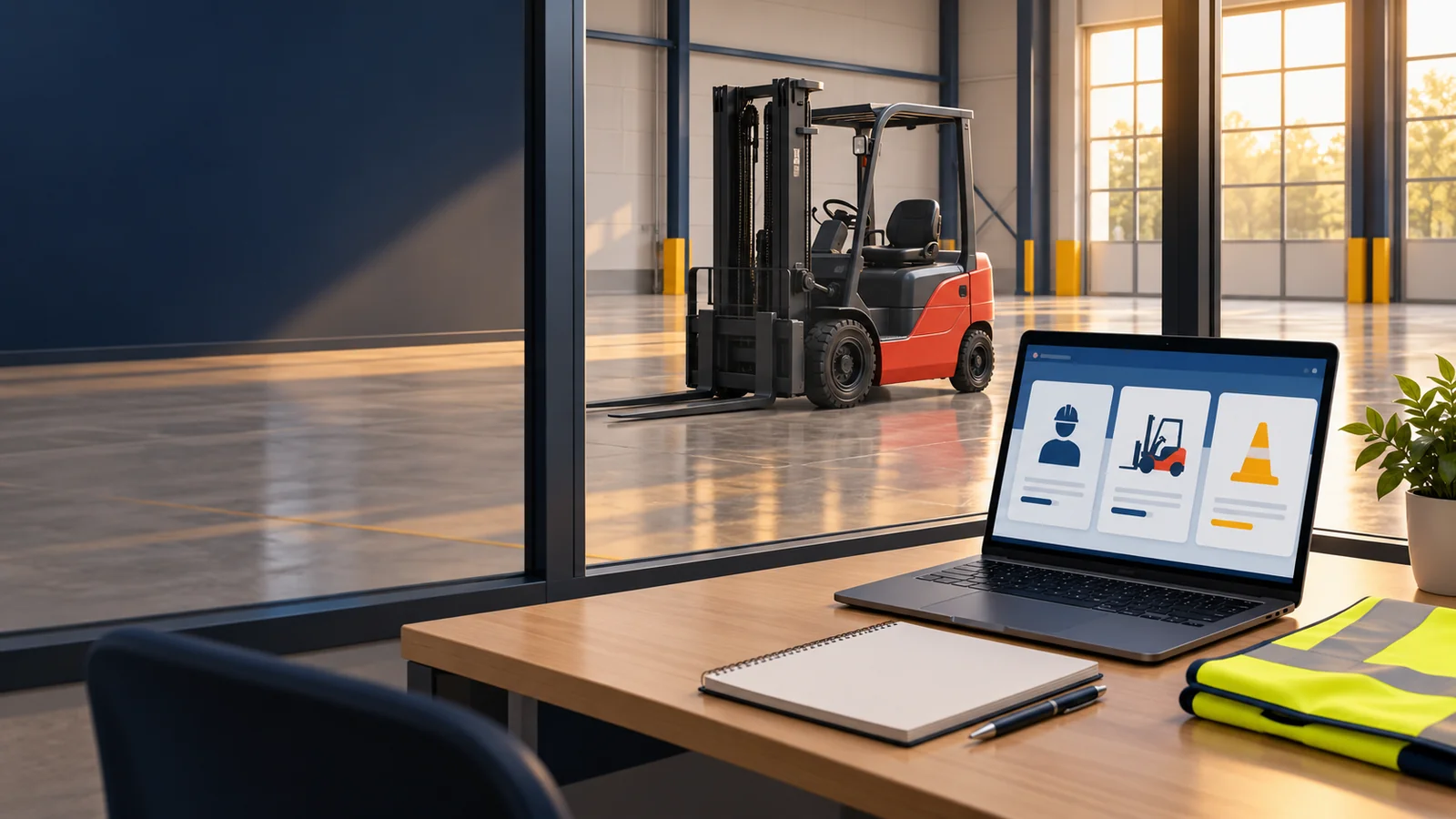 Generic editorial illustration of a laptop learning area beside an empty hall with a parked forklift