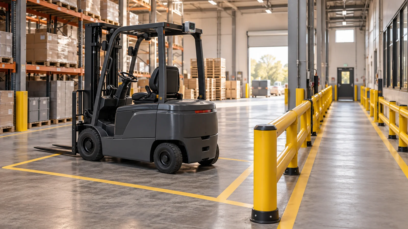 Editorial warehouse illustration showing a parked forklift with a generic sensor and a barrier-separated walkway