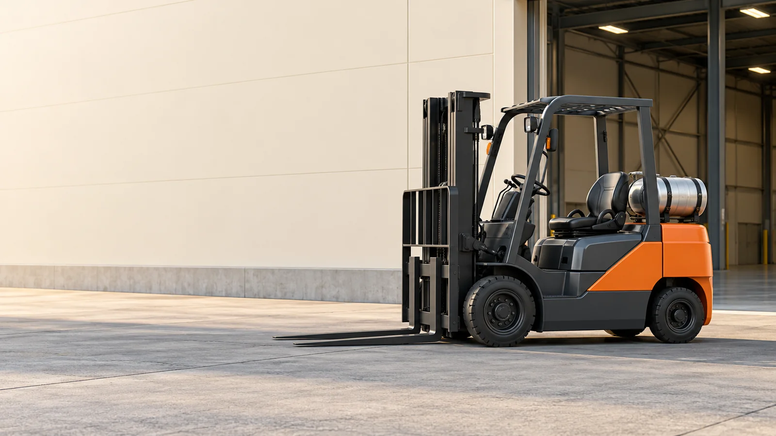 Editorial illustration of a generic LPG counterbalance forklift with cushion tyres beside an empty warehouse doorway