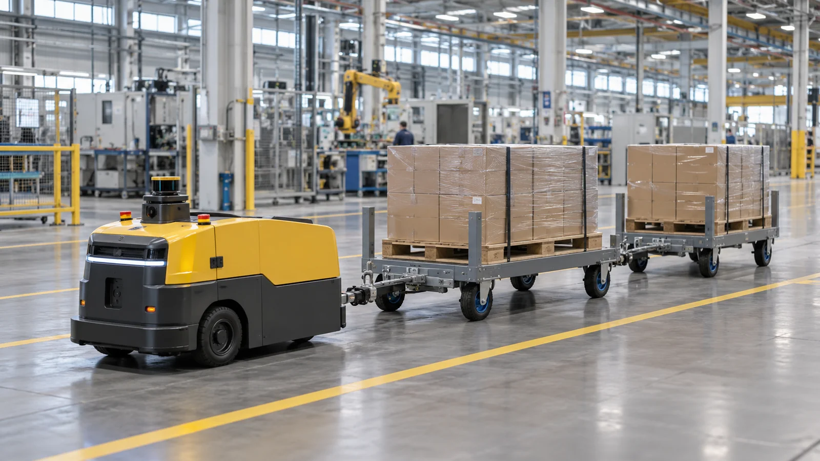 Illustrative driverless tow tractor pulling two material carts inside a factory
