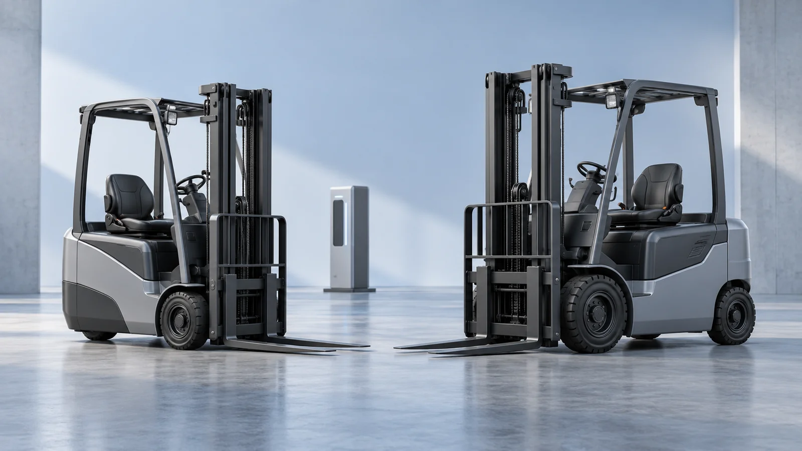 Generic editorial illustration of two unbranded electric counterbalance forklifts with empty lowered forks and a charging pedestal