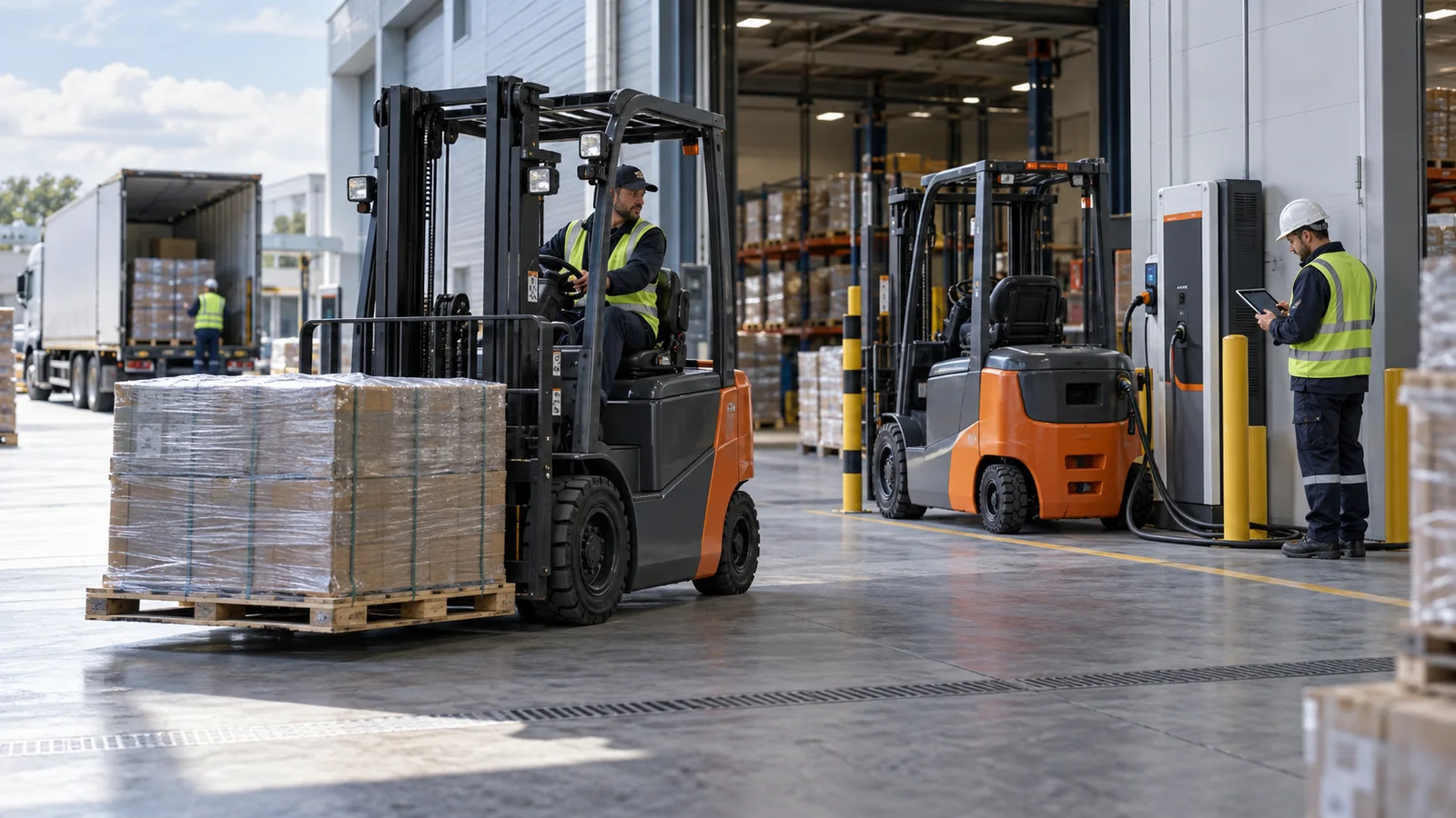 Generic electric forklift fleet working between a warehouse and loading yard with an industrial charging station