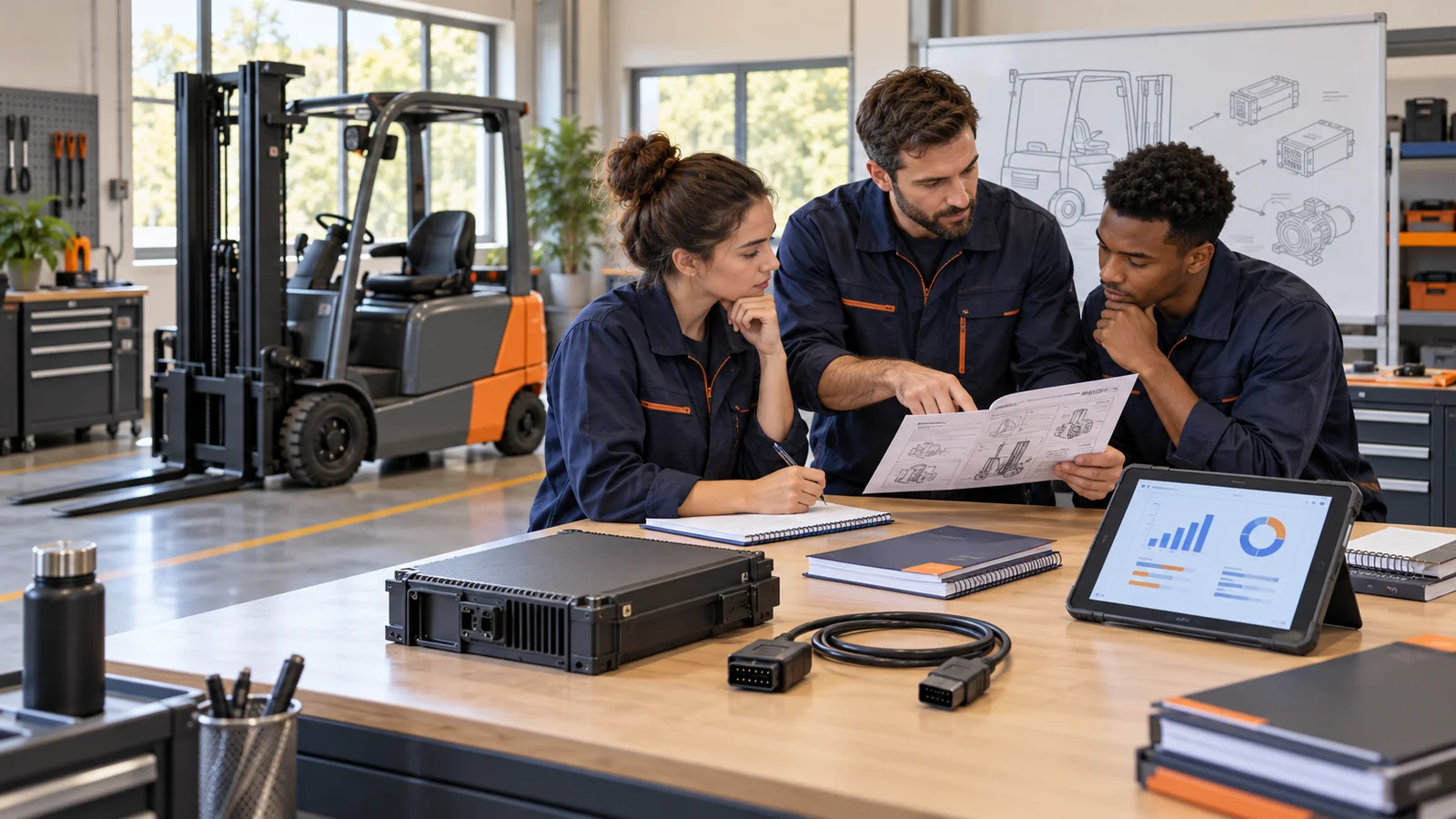 Editorial illustration of technicians discussing forklift documentation beside a closed controller housing and a disconnected diagnostic cable