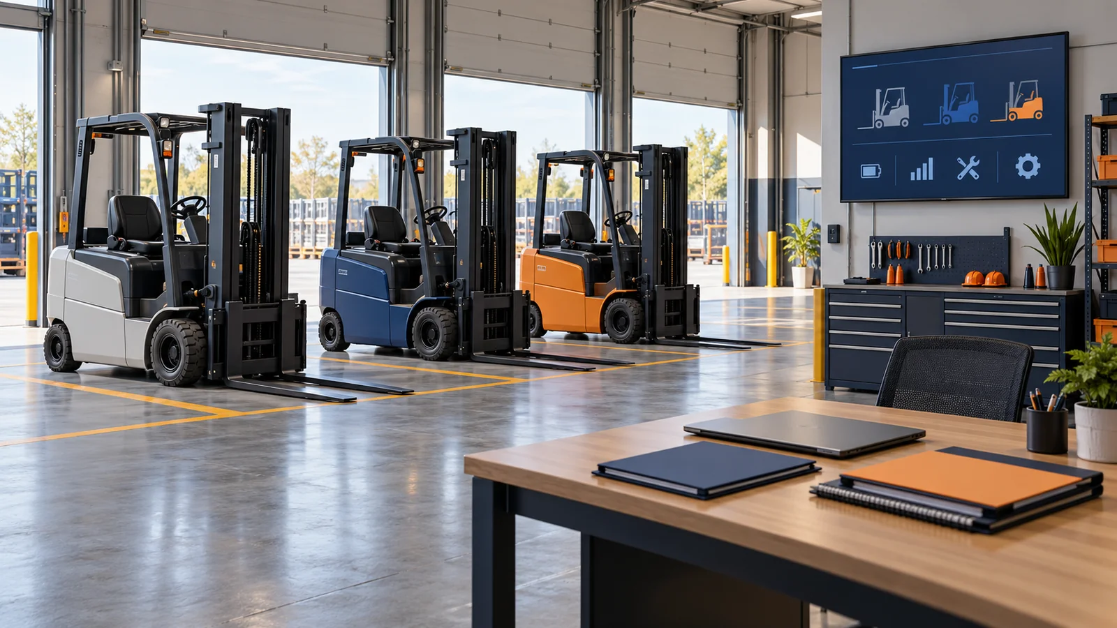 Three generic electric forklifts parked with lowered forks in a rental depot beside a service-planning desk