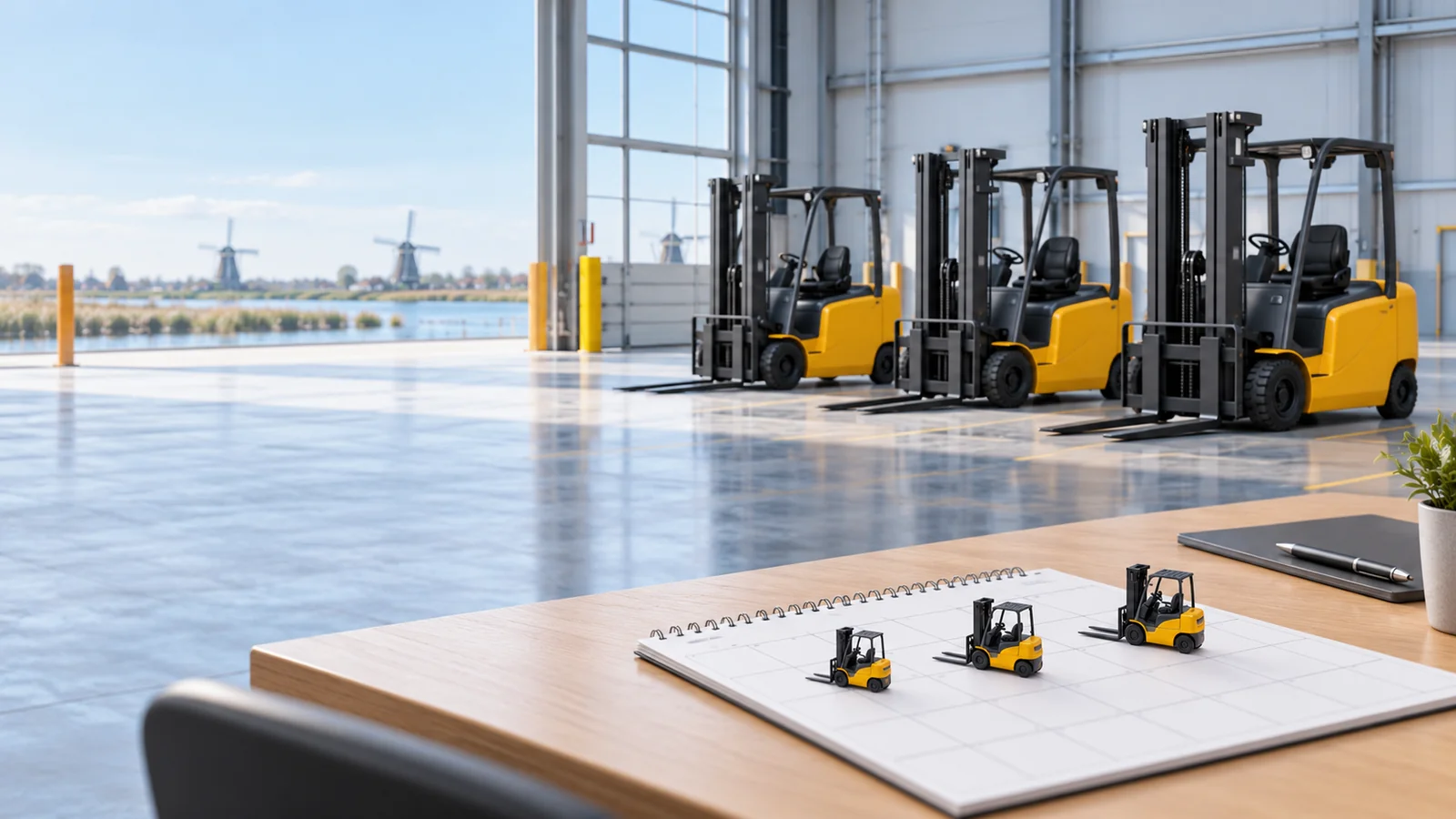 Editorial illustration of parked unbranded forklifts and miniature trucks on a planning calendar