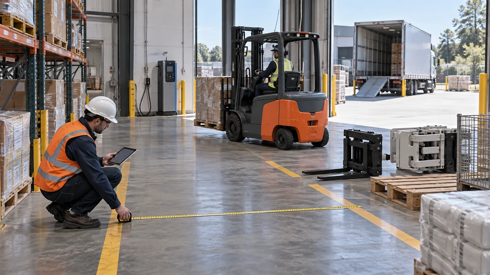 Engineer measuring a warehouse aisle while an electric forklift works near charging and loading areas
