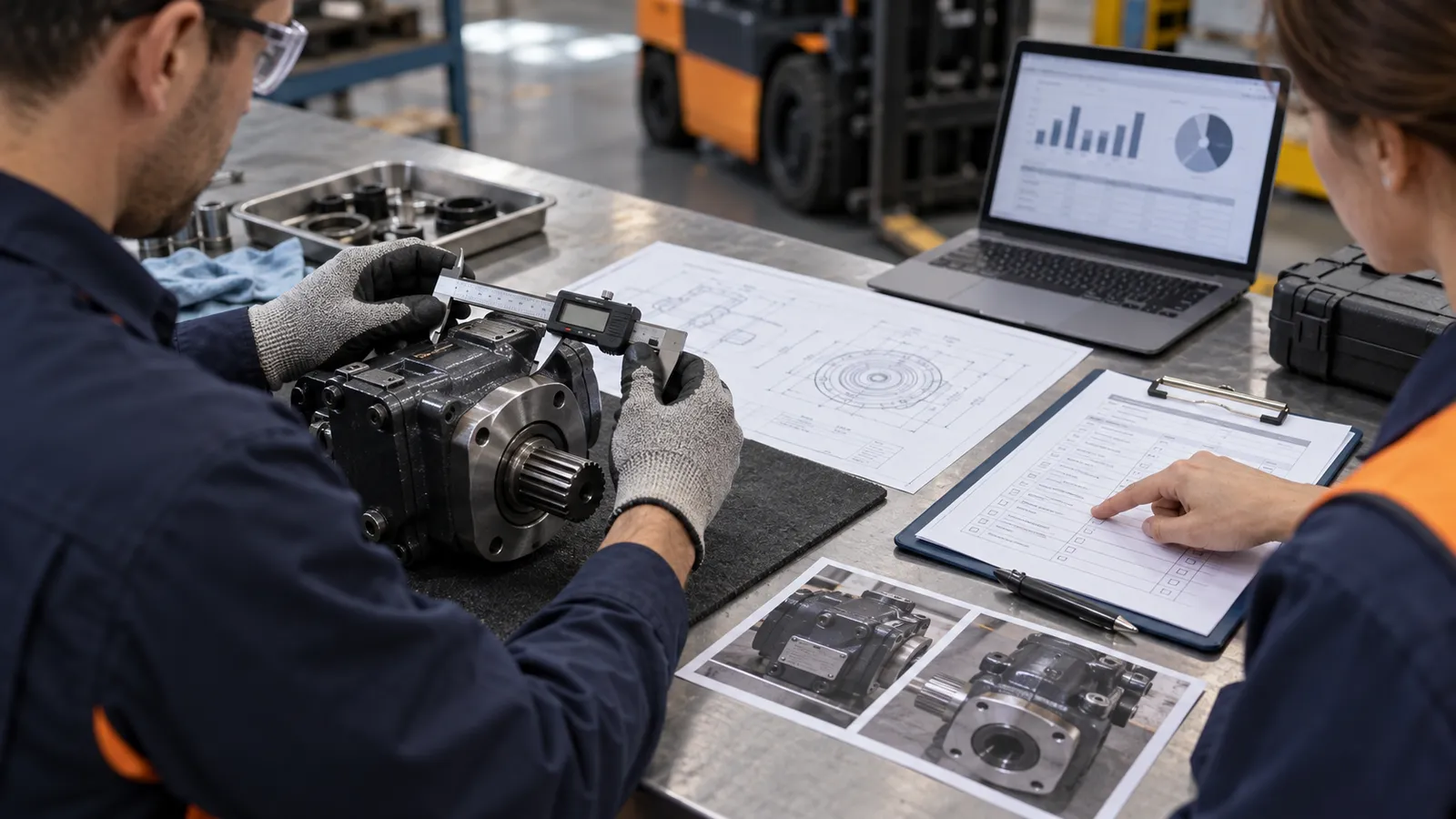 Procurement analyst and engineer reviewing a forklift component, drawings and supporting data