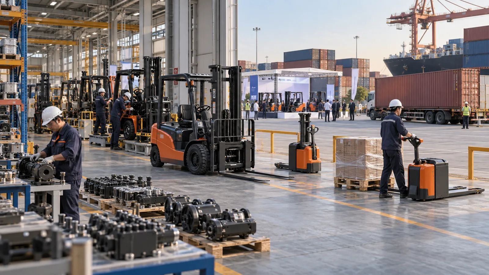 Forklift manufacturing, parts production, warehouse equipment and export logistics in one industrial scene