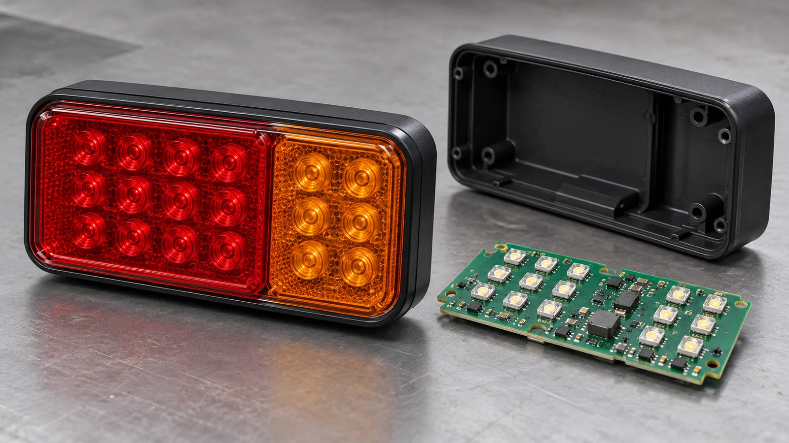 Generic editorial concept of an unbranded rear LED light panel, separate circuit board and housing sample on a studio workbench