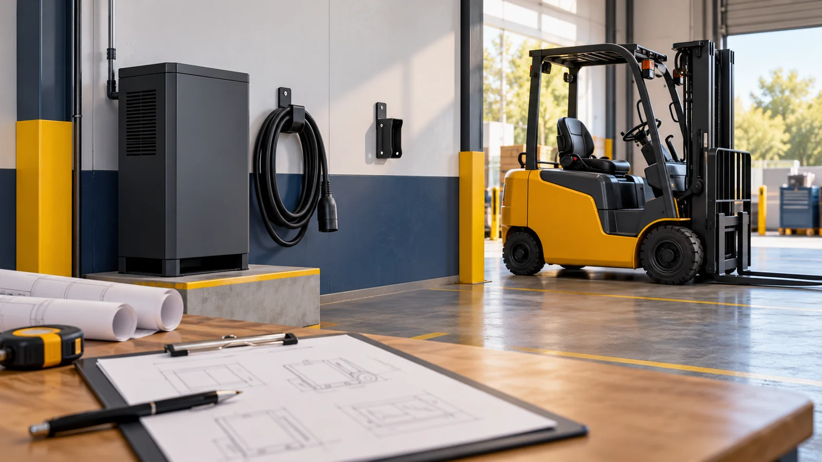 Generic unbranded industrial charger with a disconnected coiled lead beside a parked forklift and blank planning documents