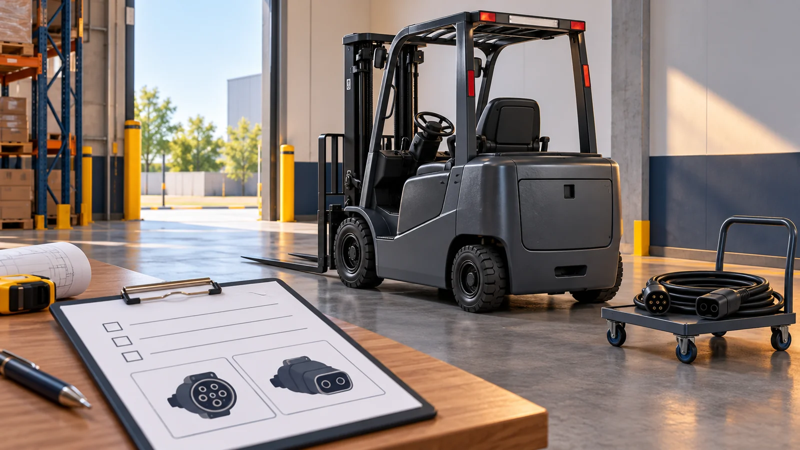 Generic electric forklift with a closed access panel and disconnected coiled lead beside blank procurement documents