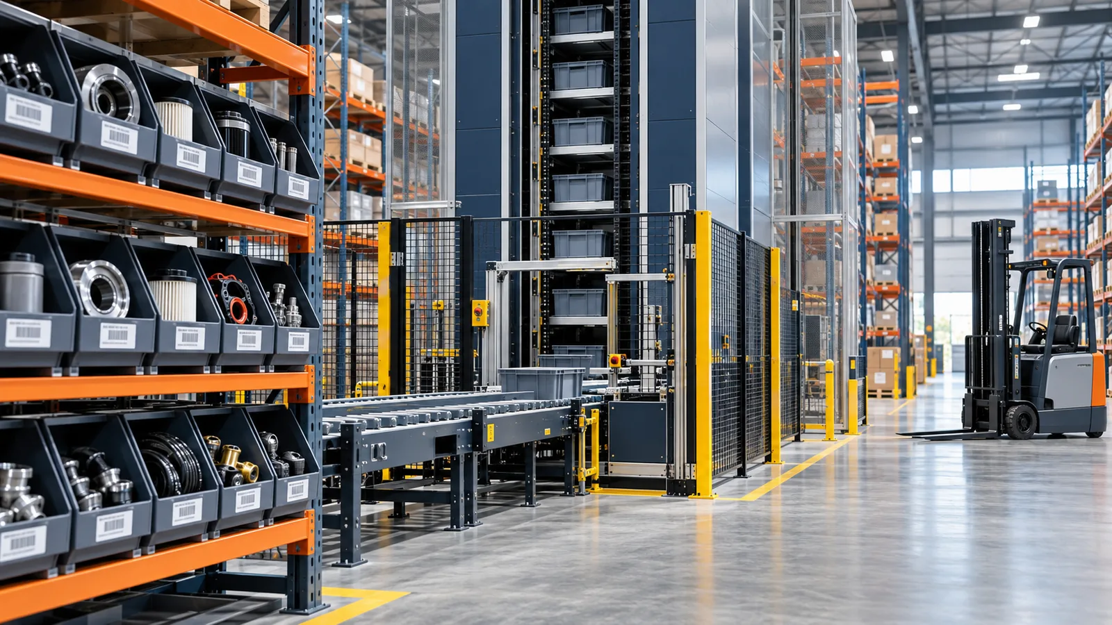 Editorial illustration of parts bins, an enclosed automated storage system and a parked forklift