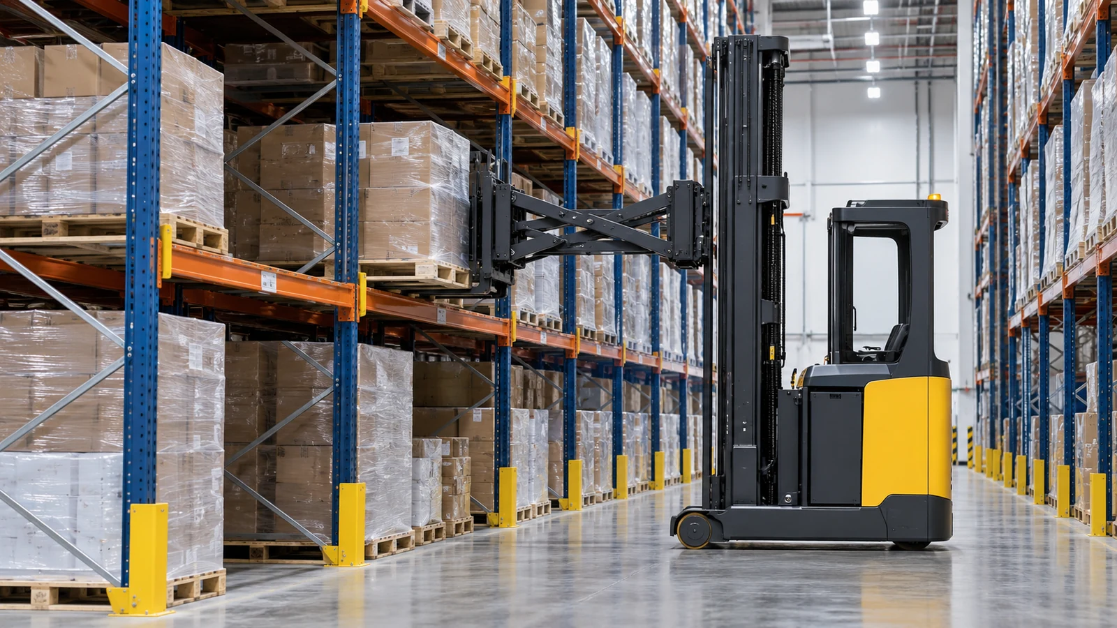 Generic pantograph reach truck working beside double-deep warehouse racking