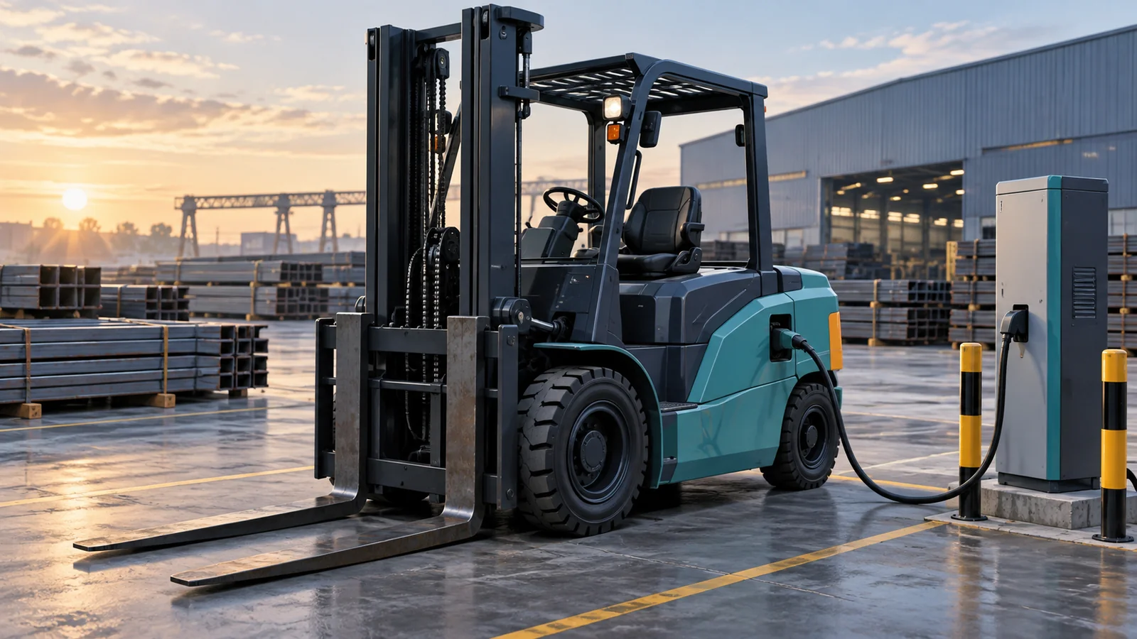 Editorial illustration of an unbranded electric counterbalance forklift parked at an outdoor charging bay