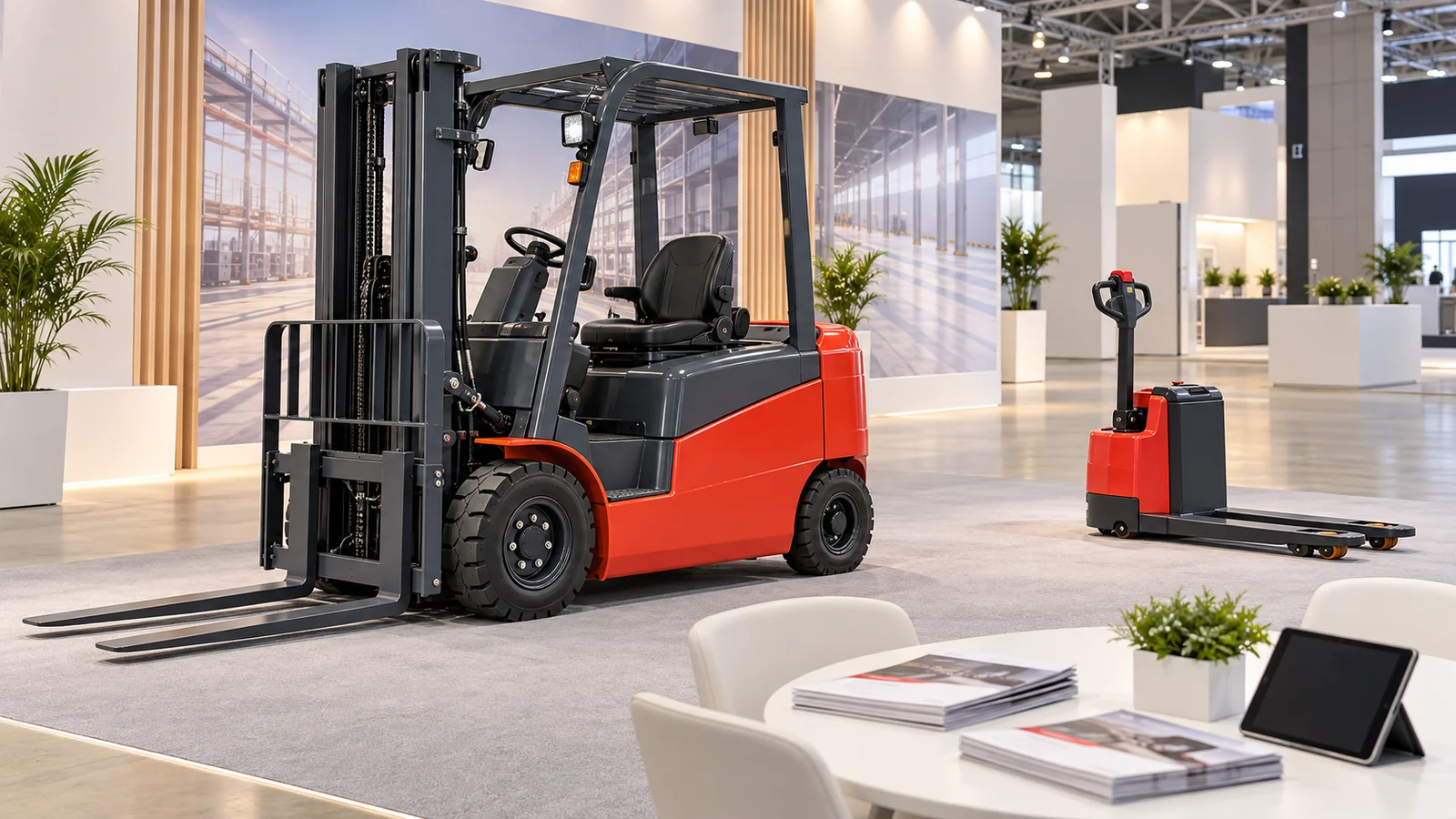Generic exhibition illustration with a red counterbalance forklift, pedestrian pallet truck and consultation table