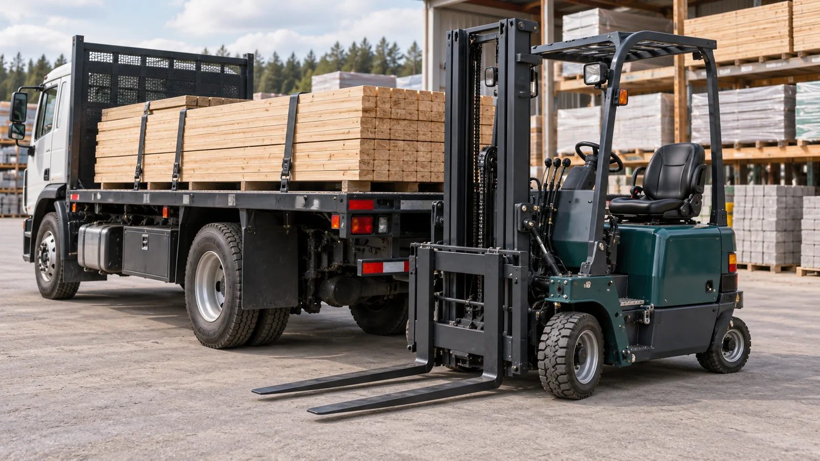 Editorial illustration of a generic compact delivery forklift parked beside a flatbed truck carrying secured lumber