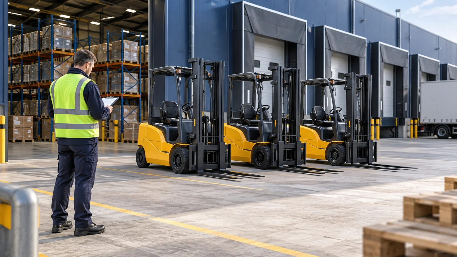 Editorial illustration of three generic electric forklifts parked near warehouse loading bays and a fleet manager checking a clipboard