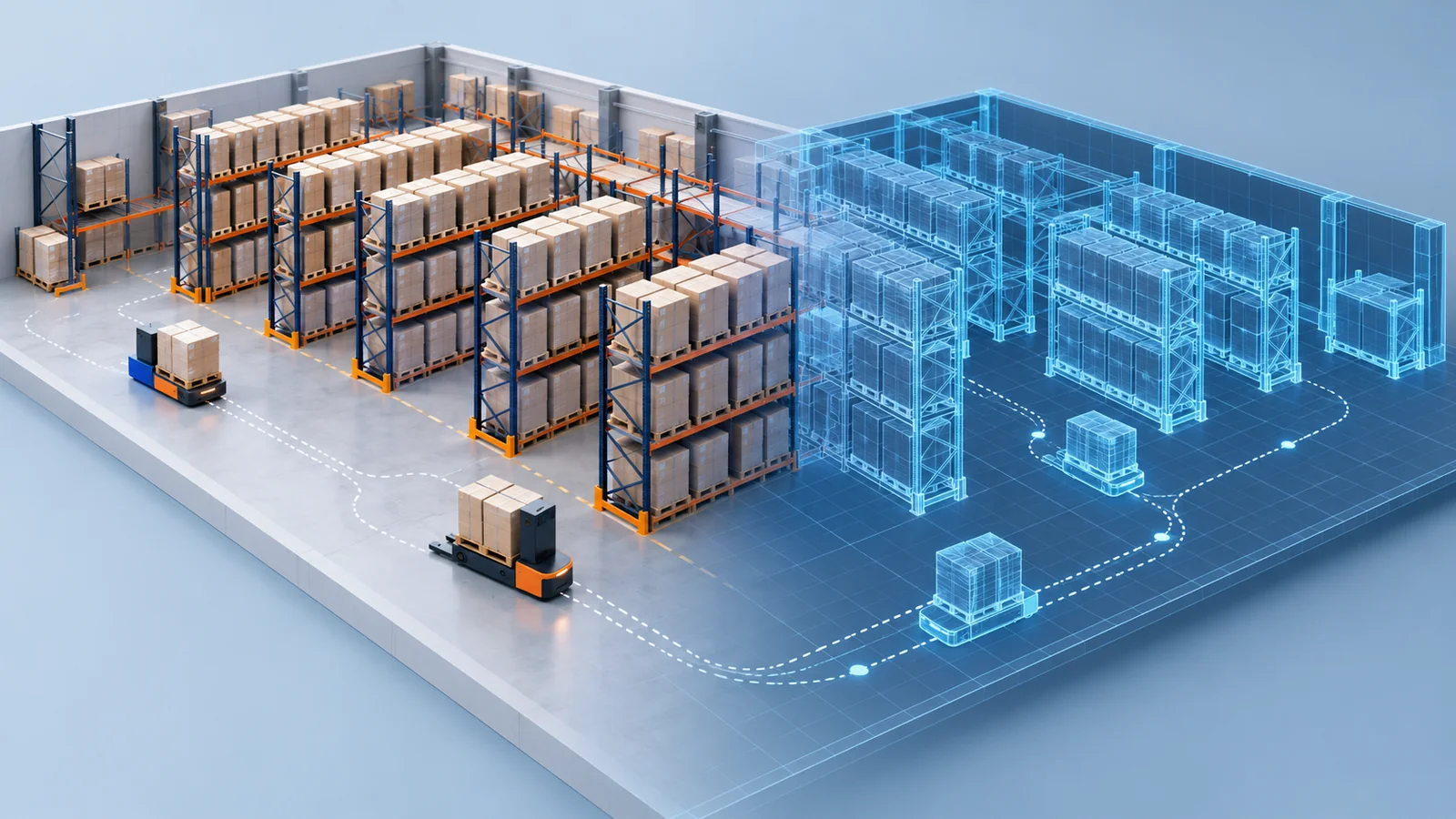 Conceptual warehouse layout with generic pallet carriers transitioning into a blue wireframe simulation of the same racks