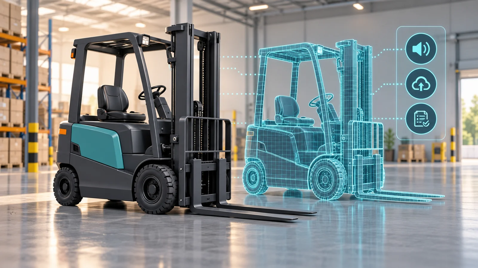 Editorial illustration of a stationary generic forklift beside a wireframe digital twin and software option icons