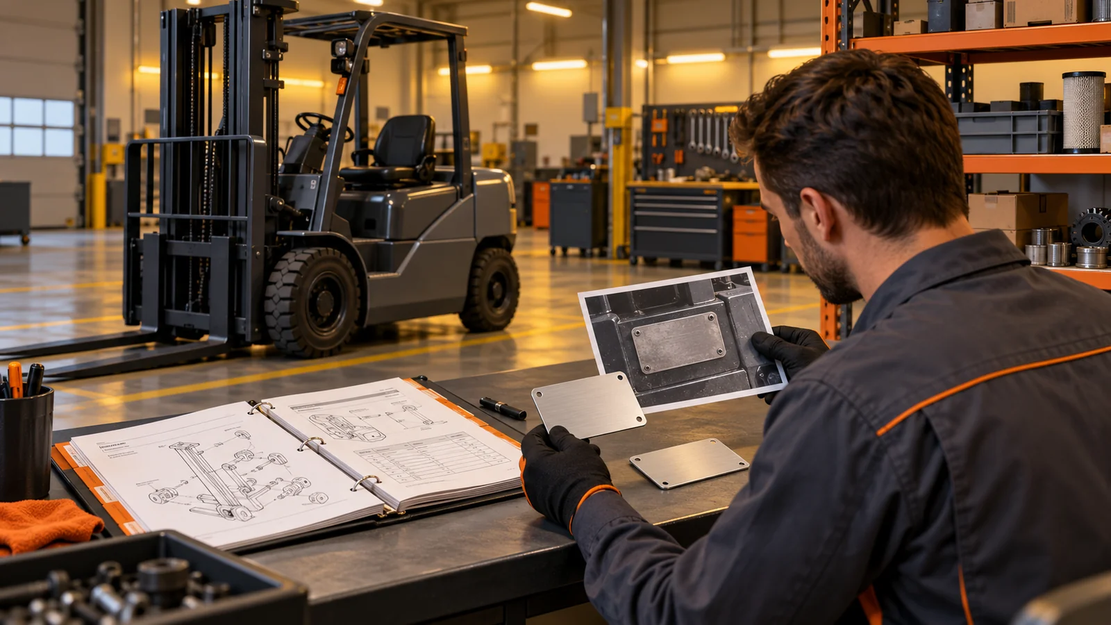Generic unbranded forklift in a service bay with a technician comparing identification records and blank nameplates