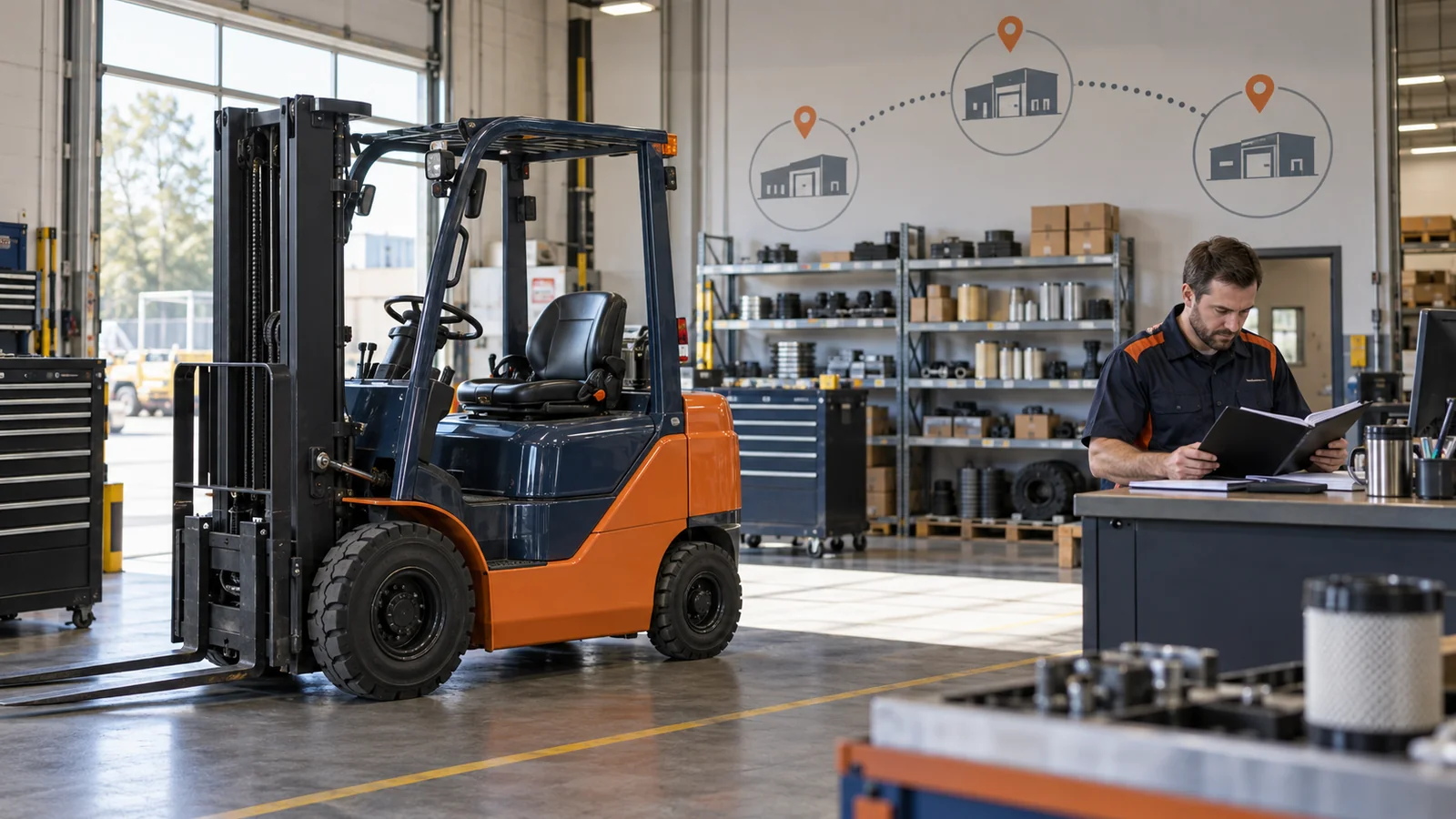 Editorial illustration of a generic forklift workshop with replacement parts shelves and a technician reviewing service records