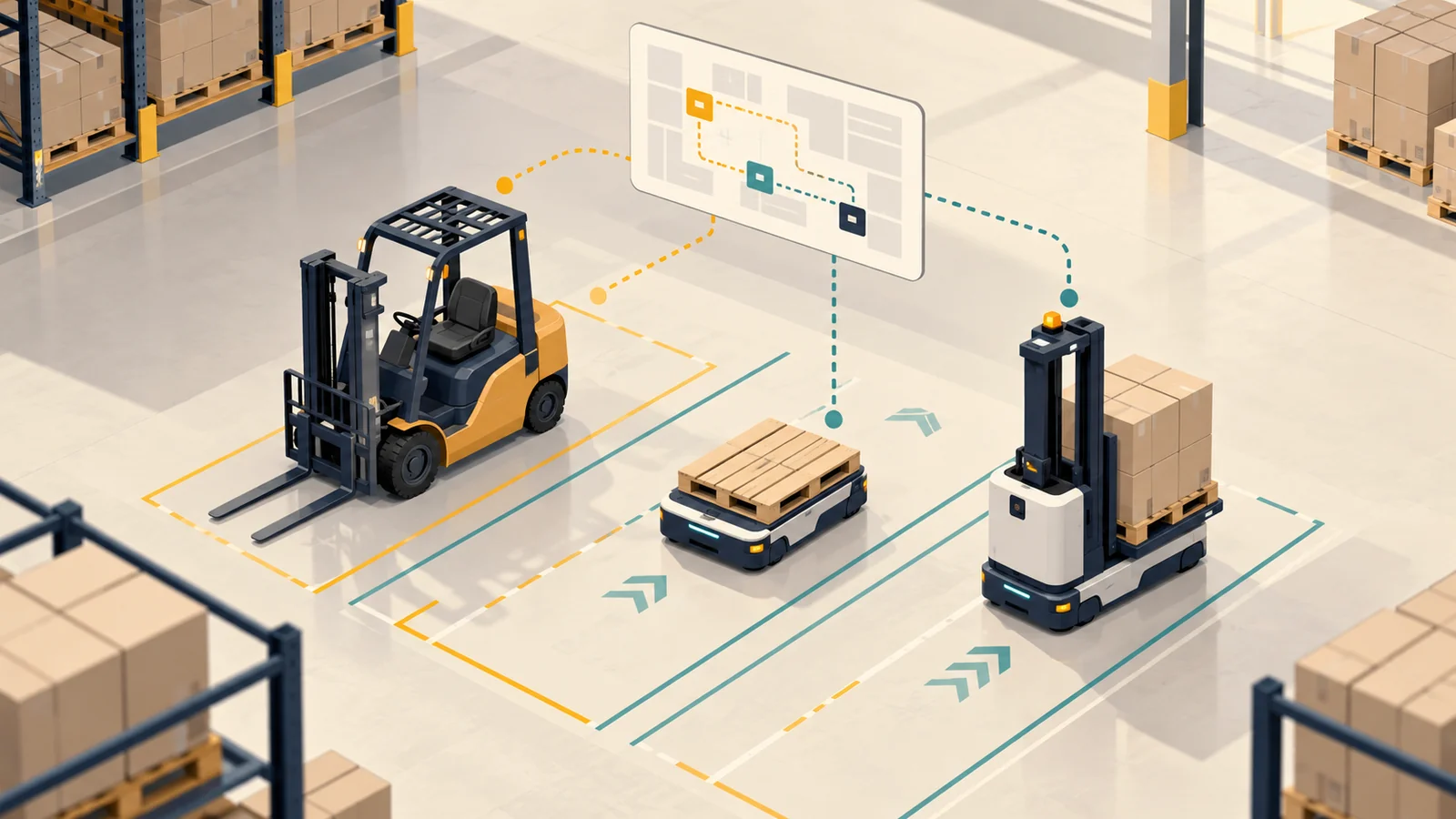 Conceptual overhead illustration of a manual forklift and two different mobile carriers in separate warehouse lanes linked to a planning board