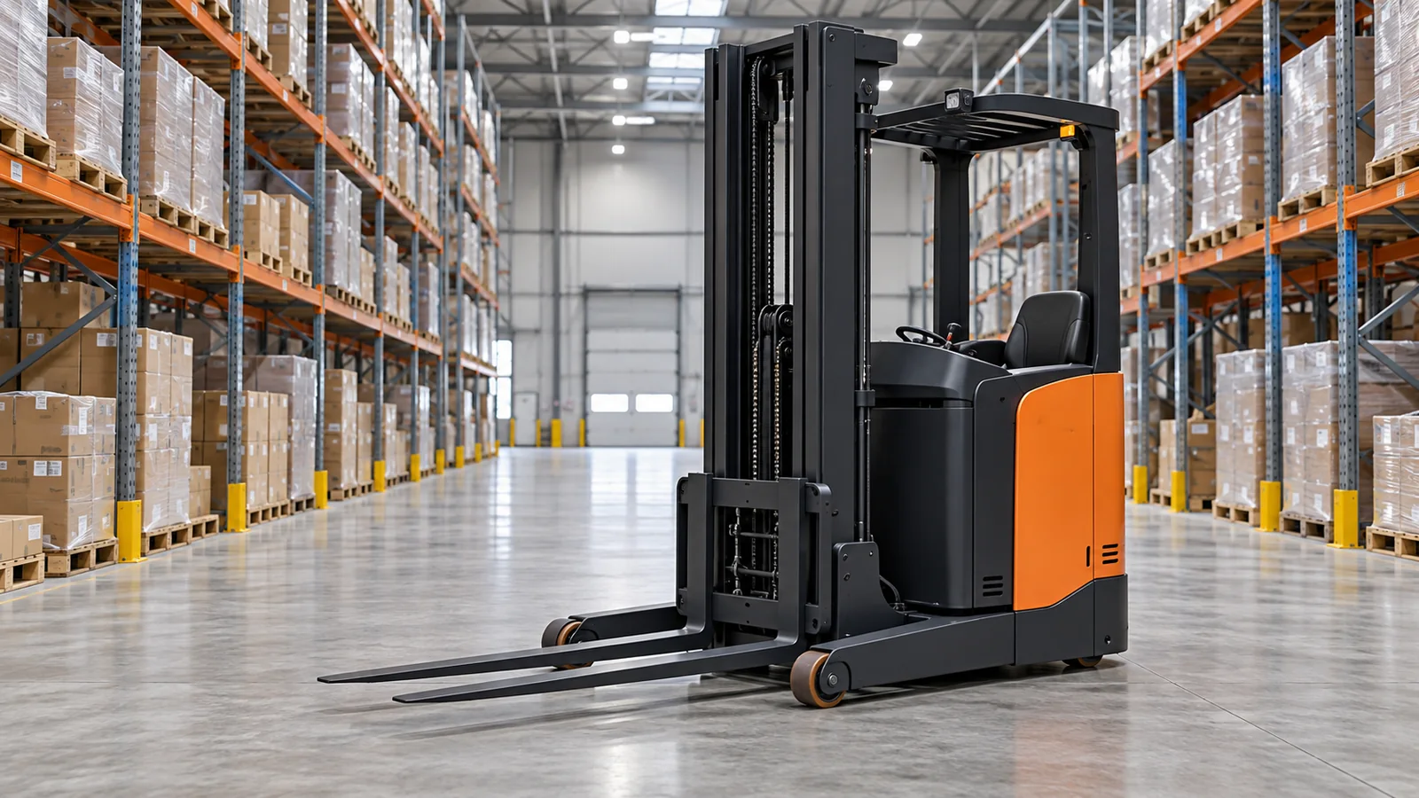 Generic seated reach truck with forward support legs and lowered forks in a warehouse aisle