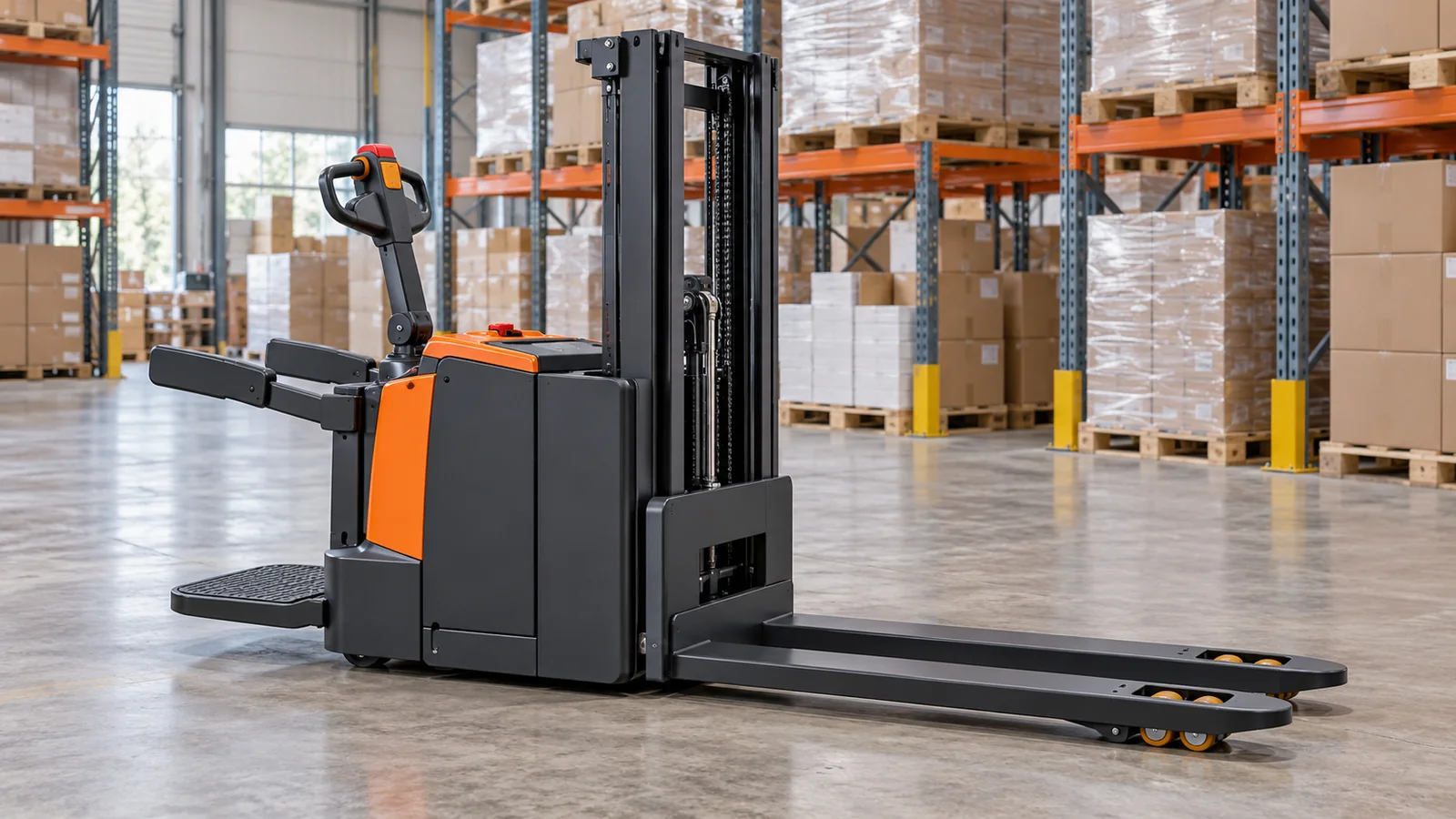 Generic electric pallet stacker with tiller handle, support rollers and rear standing platform in a warehouse