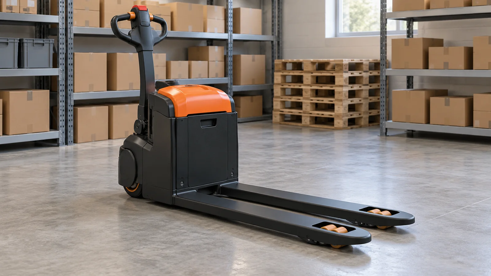 Generic compact pedestrian electric pallet truck with low forks and tiller control in a retail stockroom
