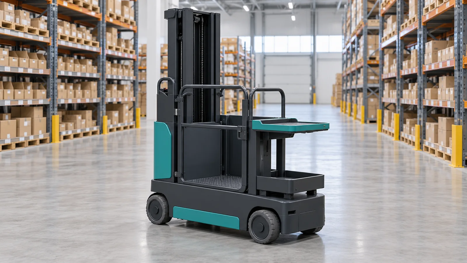 Generic compact vertical order picker with enclosed standing platform and separate goods tray in an ecommerce aisle