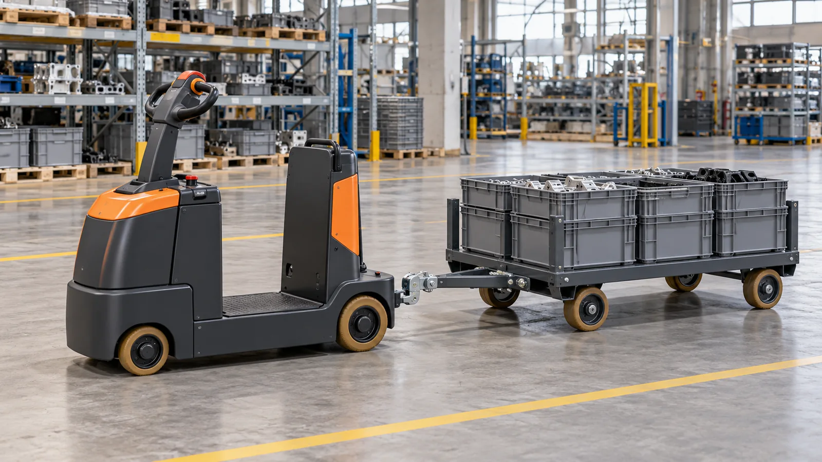 Generic stand-on electric tow tractor connected to a four-wheel trolley carrying component bins inside a factory