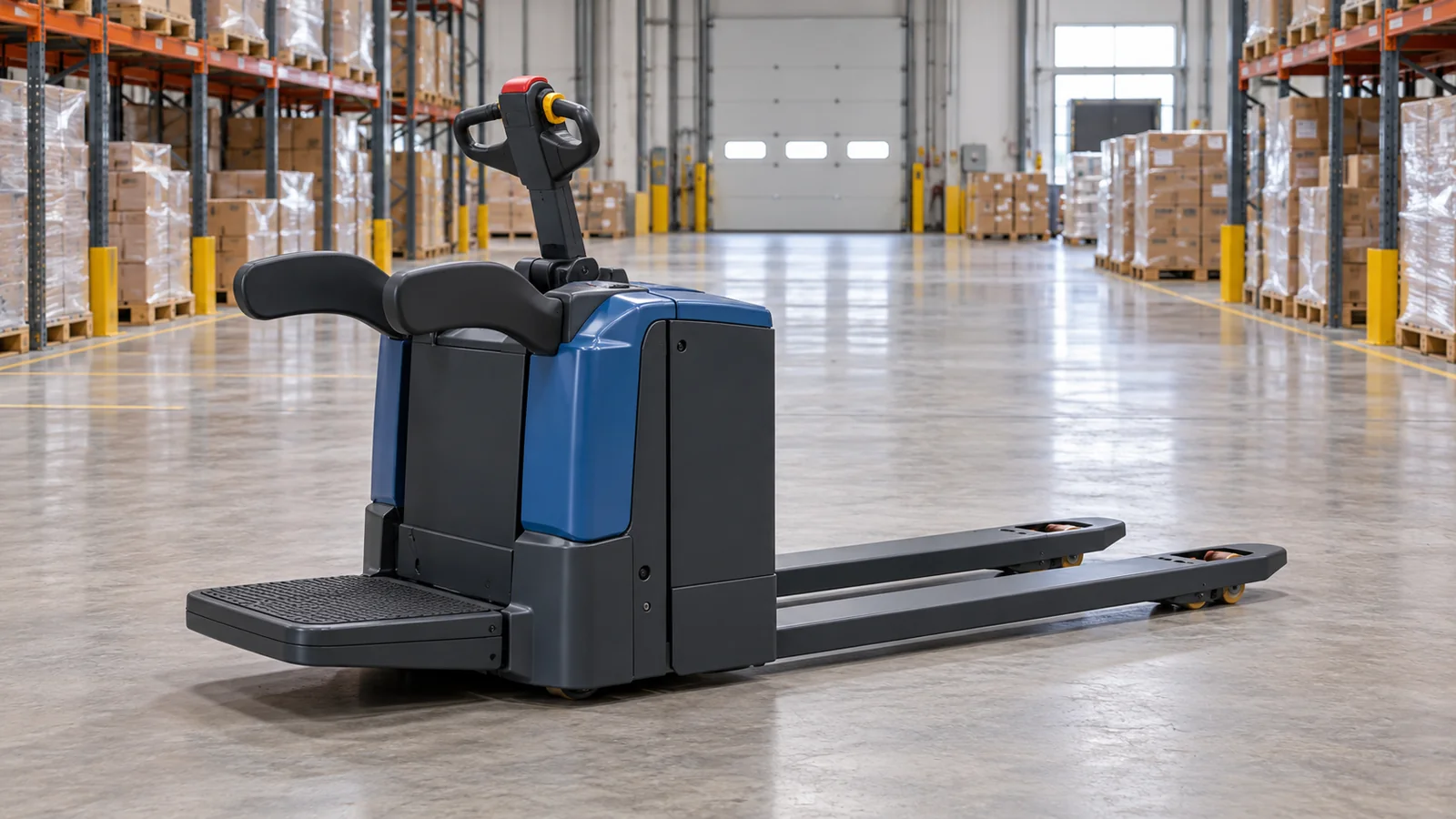 Generic ride-on electric pallet truck with deployed standing platform and protective arm guards in a distribution centre