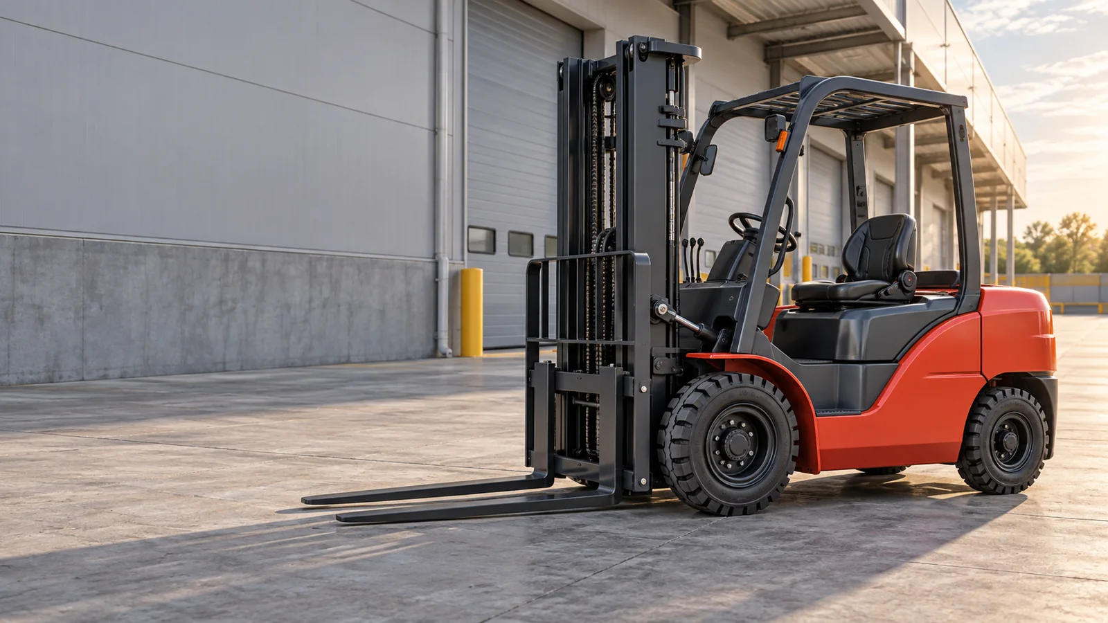 Generic internal-combustion counterbalance forklift with unloaded lowered forks outside warehouse doors