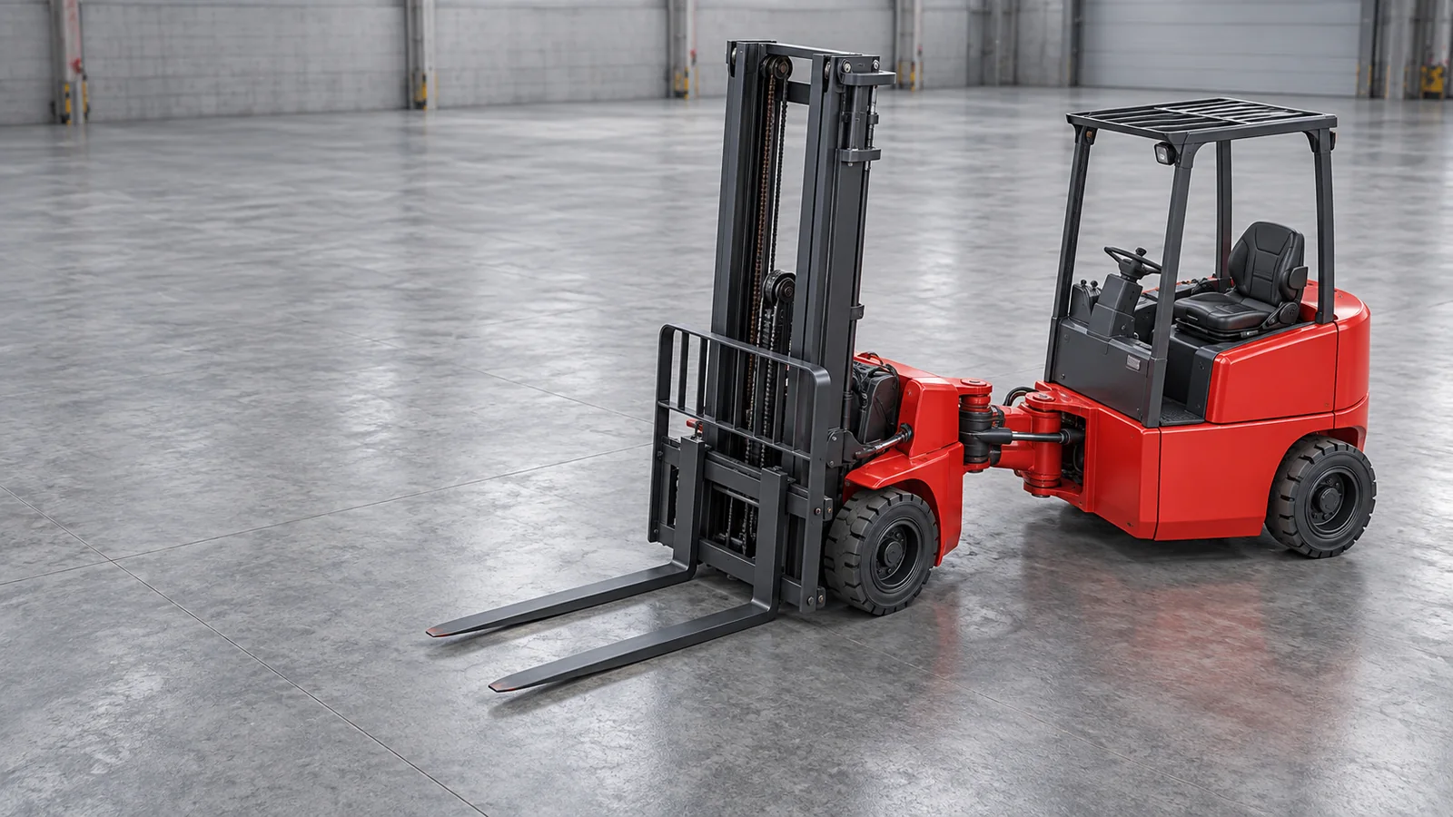 Generic articulated electric forklift with visibly turned front mast module in a warehouse