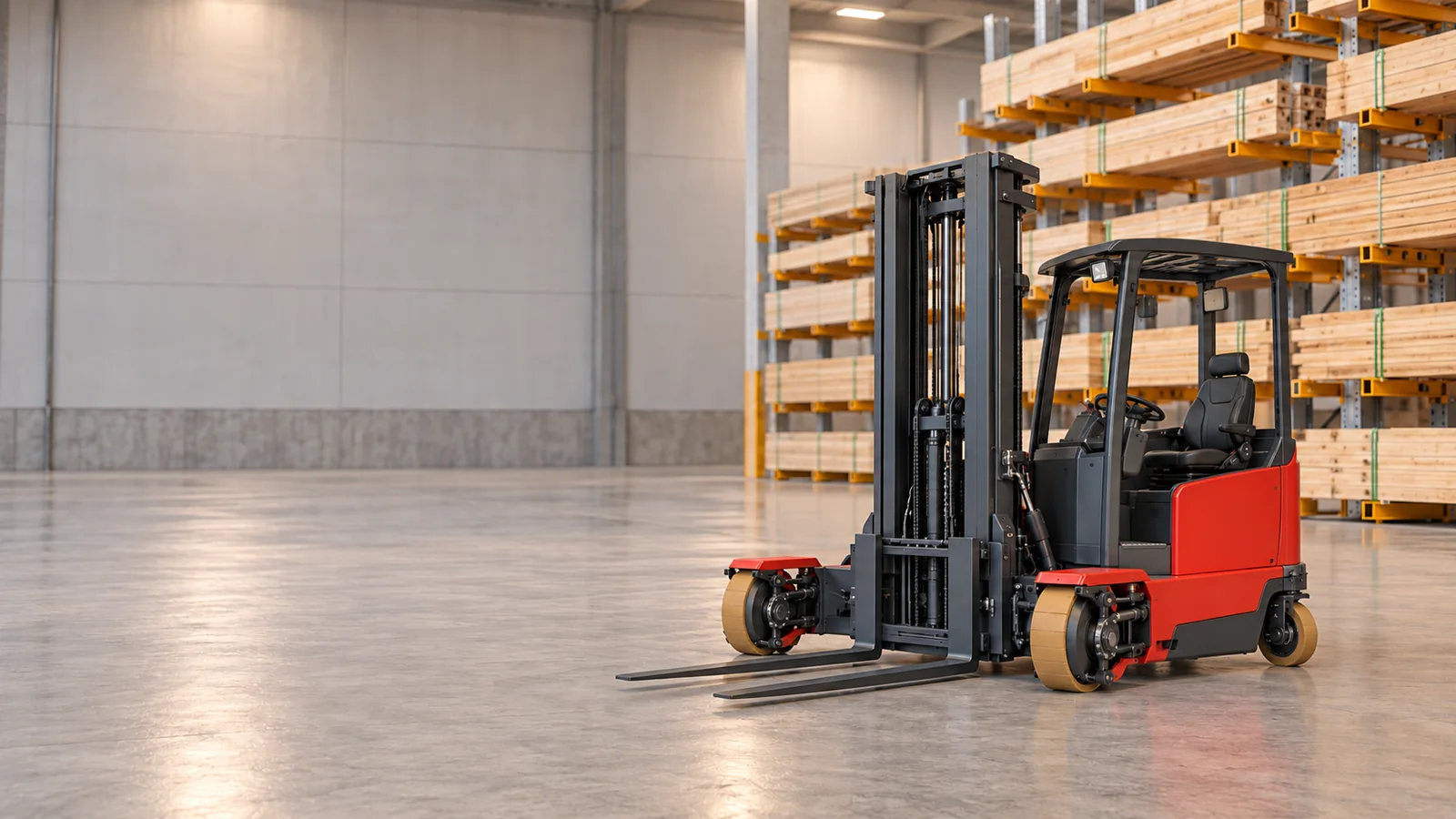 Generic electric multidirectional forklift with wheel orientation illustrating lateral movement near material racks