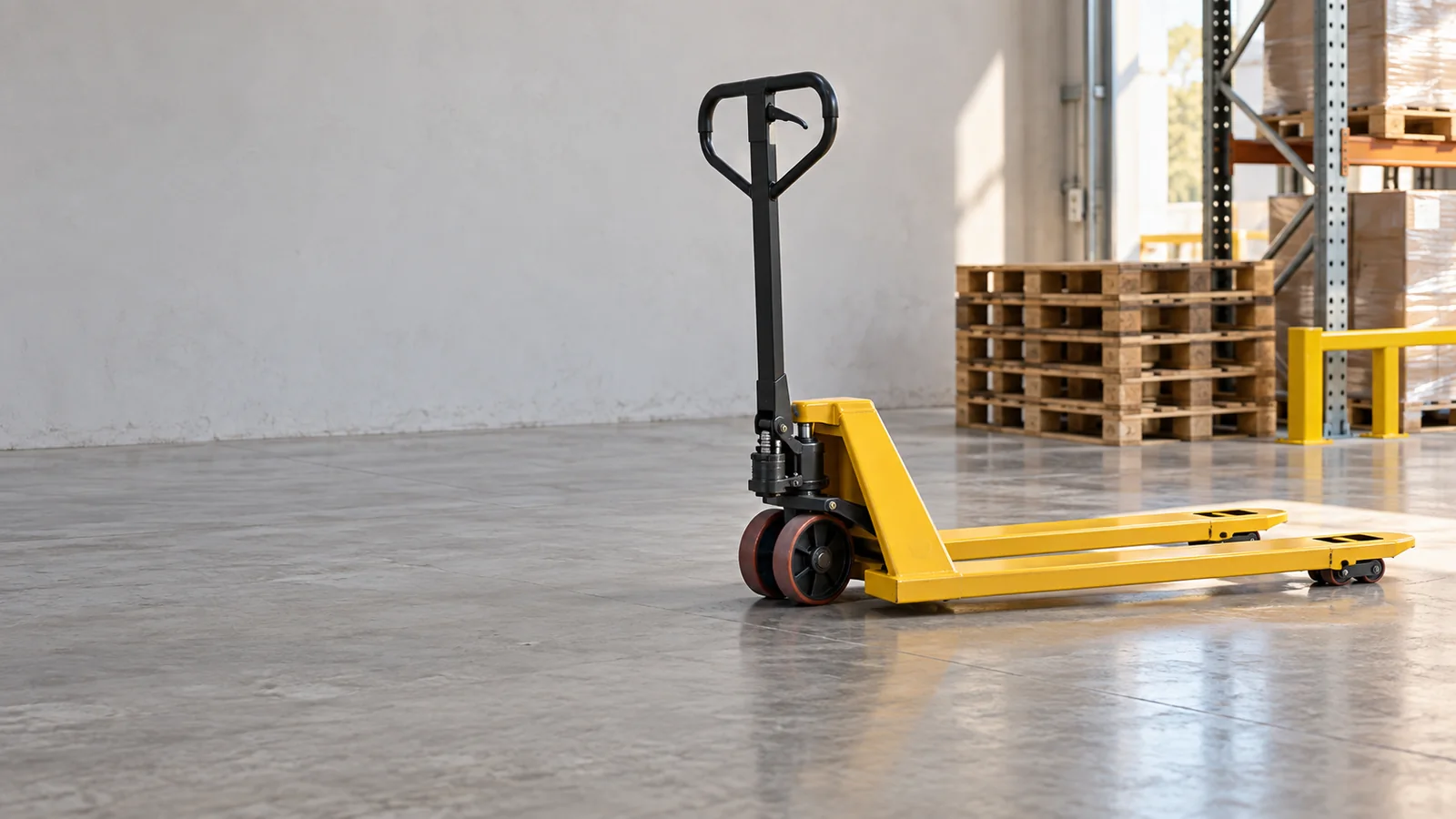 Generic manual hand pallet truck with pump tiller and low forks on smooth warehouse floor