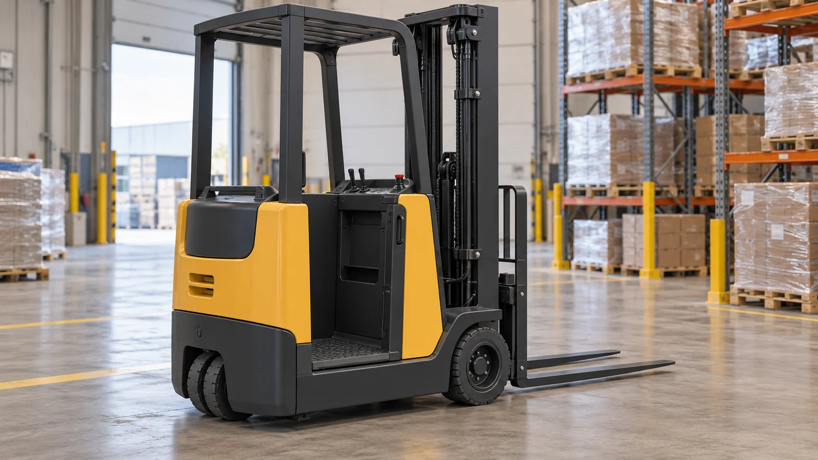 Generic stand-up counterbalance forklift showing the standing operator compartment, overhead guard and front mast in a warehouse transfer bay