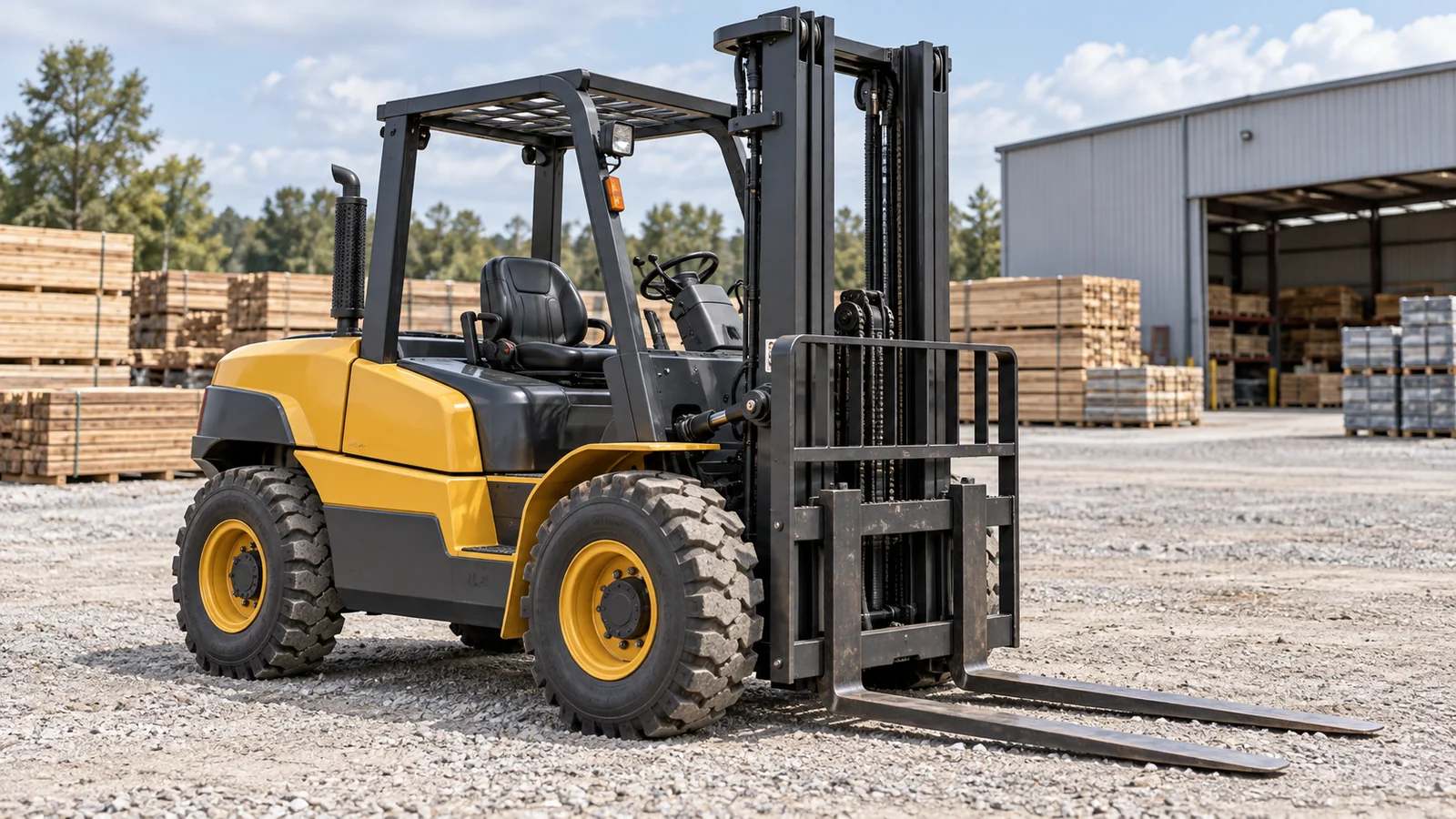 Generic rough-terrain counterbalance forklift with deep-tread tyres and conventional front mast parked in a level gravel materials yard