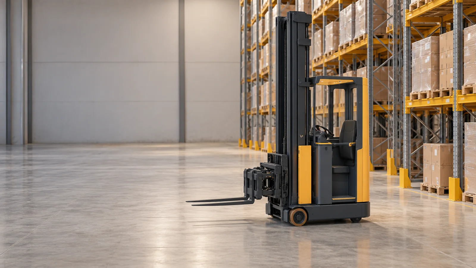 Generic very narrow aisle turret truck with lowered operator cabin and sideways fork head in a warehouse cross-aisle