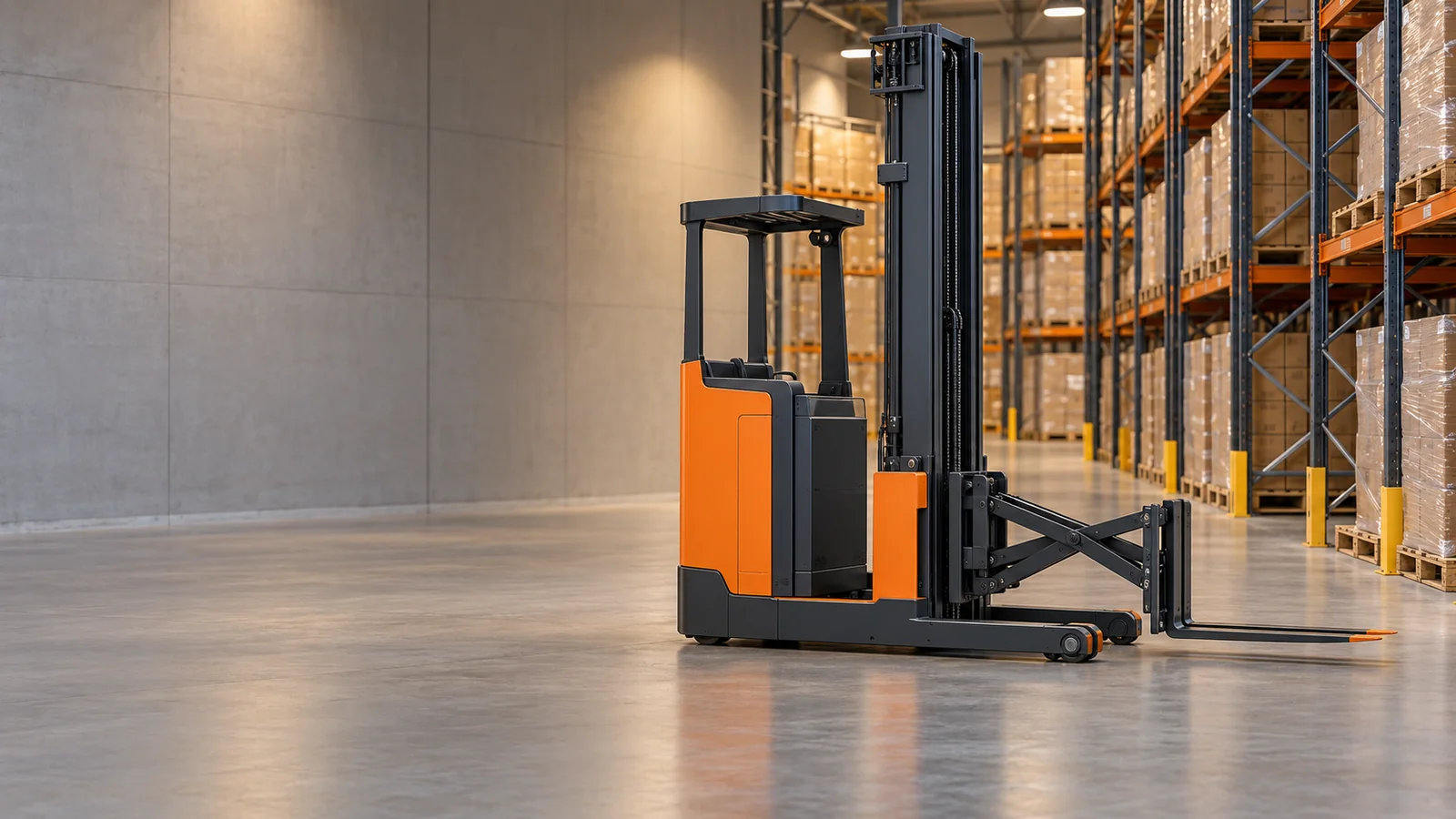 Generic stand-on pantograph reach truck with lowered forks and forward support legs beside warehouse racking