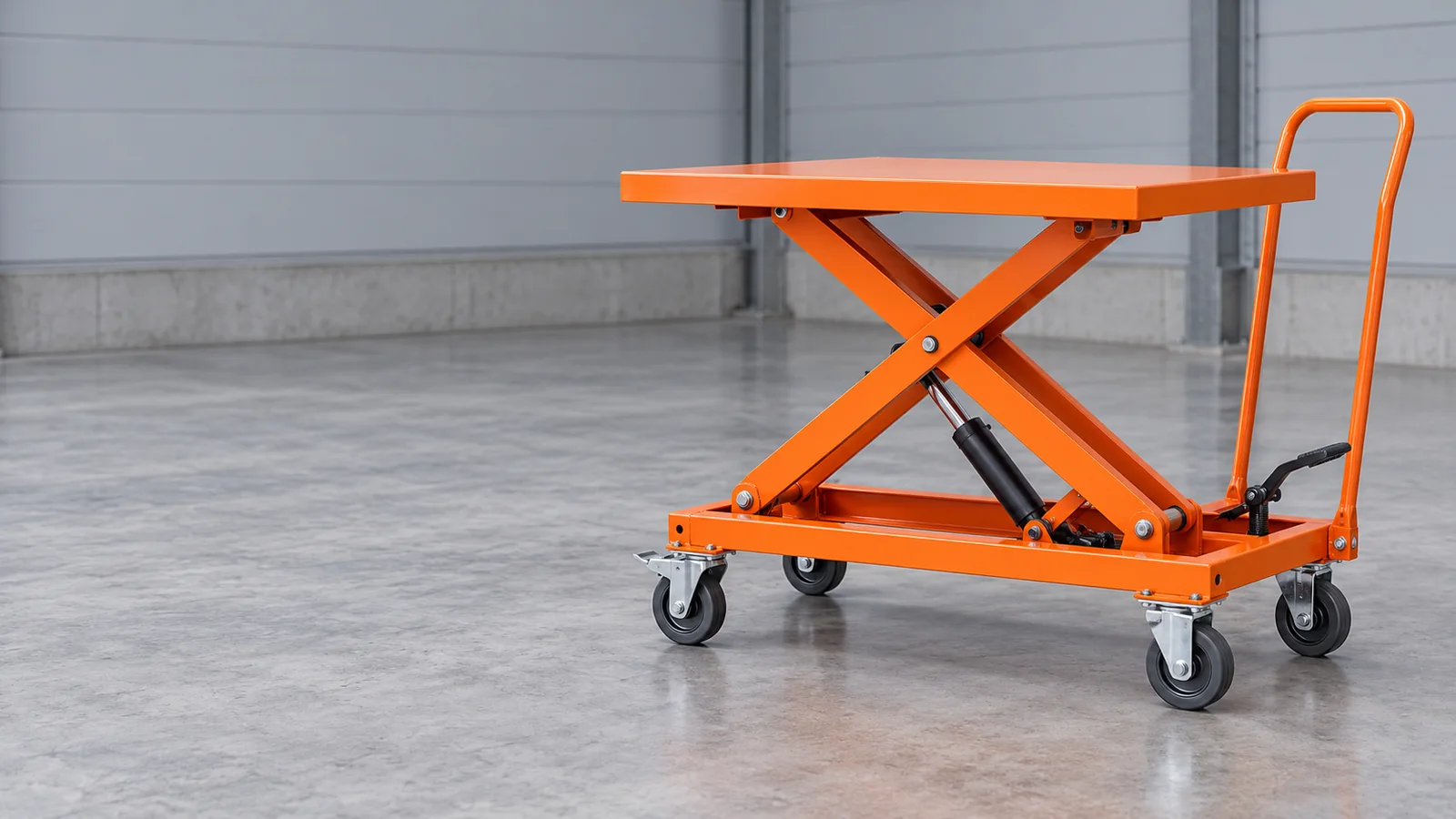 Generic manual hydraulic scissor lift table with an empty platform and caster wheels